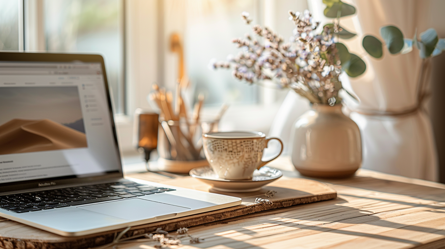 Sunlit wooden desk with a laptop, a ceramic cup on a saucer, a vase with flowers, and a jar with wooden sticks near a window.