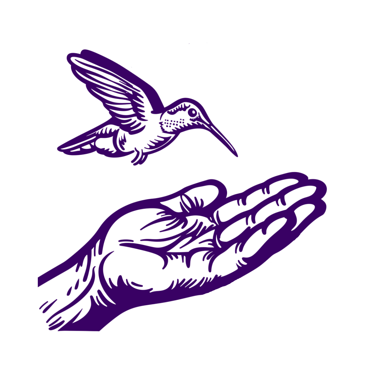Illustration of a hand in purple holding a small bird, with the bird flying above the hand.