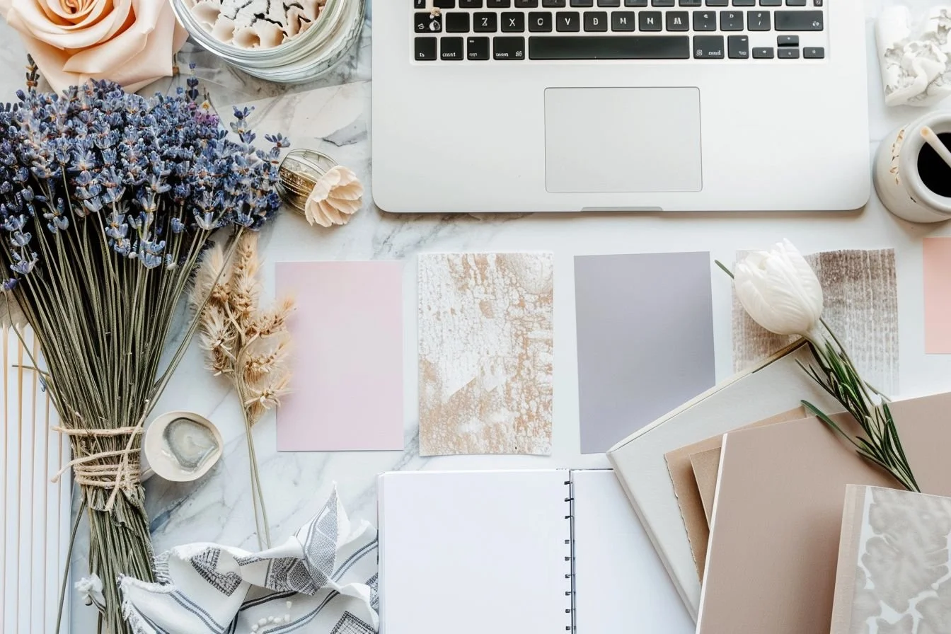 A workspace with a marble surface containing a laptop, various paint samples in pastel colors, a bouquet of dried lavender, white and beige flowers, paint swatches, a small bowl, and a notebook.