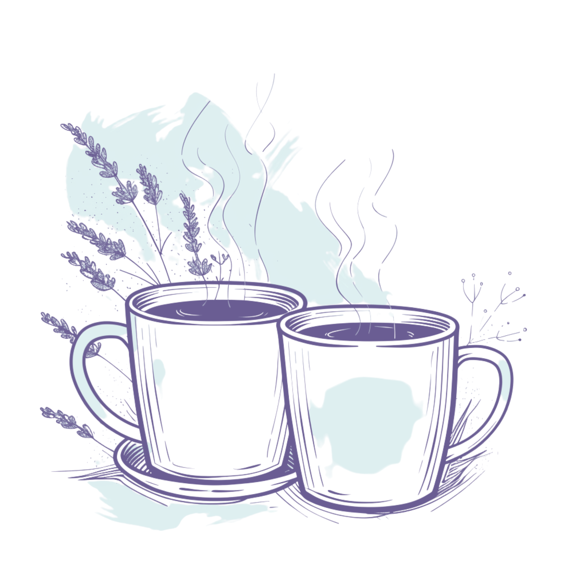 Graphic of two steaming mugs of hot beverages with lavender sprigs.