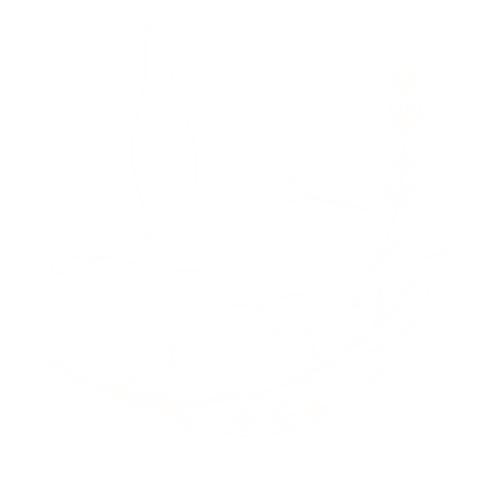 A white line drawing of a hummingbird hovering near flowers and leaves on a black background.