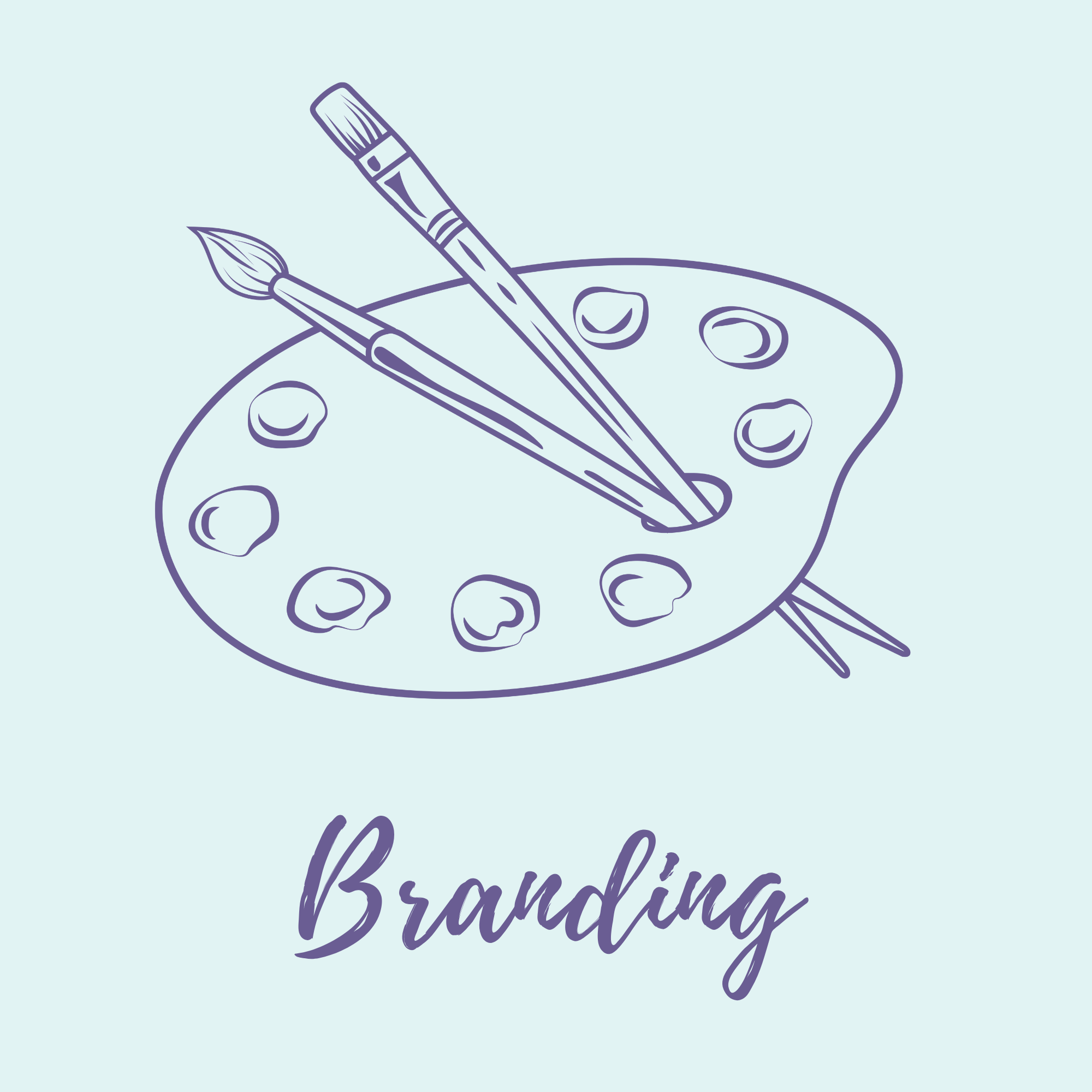 A sketch of a painter's palette with seven paint blobs, crossed by a pair of chopsticks, with the word 'Branding' written below.