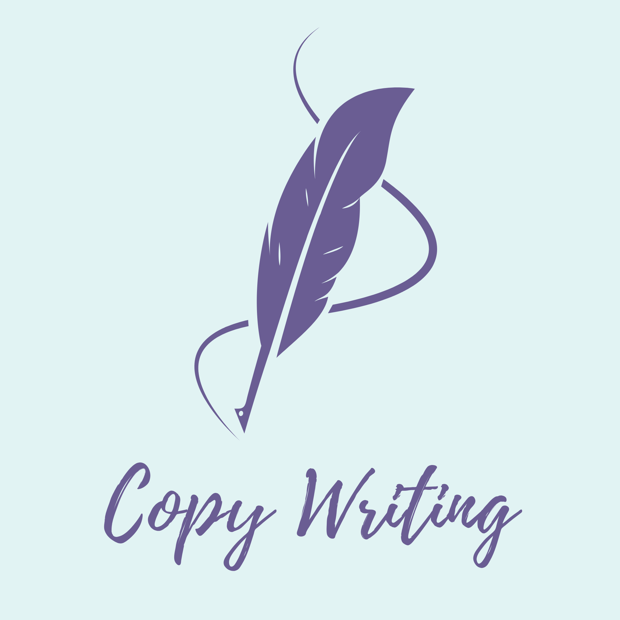A purple feather and abstract swirling lines with the words 'Copy Writing' written below in purple cursive font on a light aqua background.
