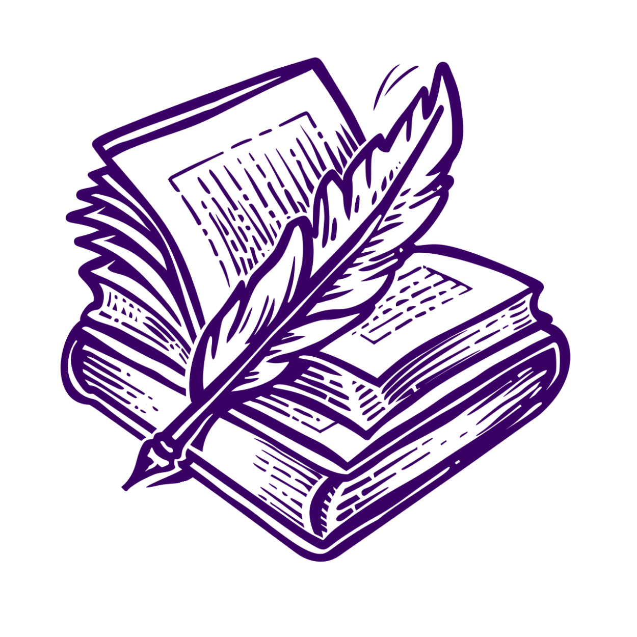 A purple line drawing of an open book with a feather quill pen resting on it.