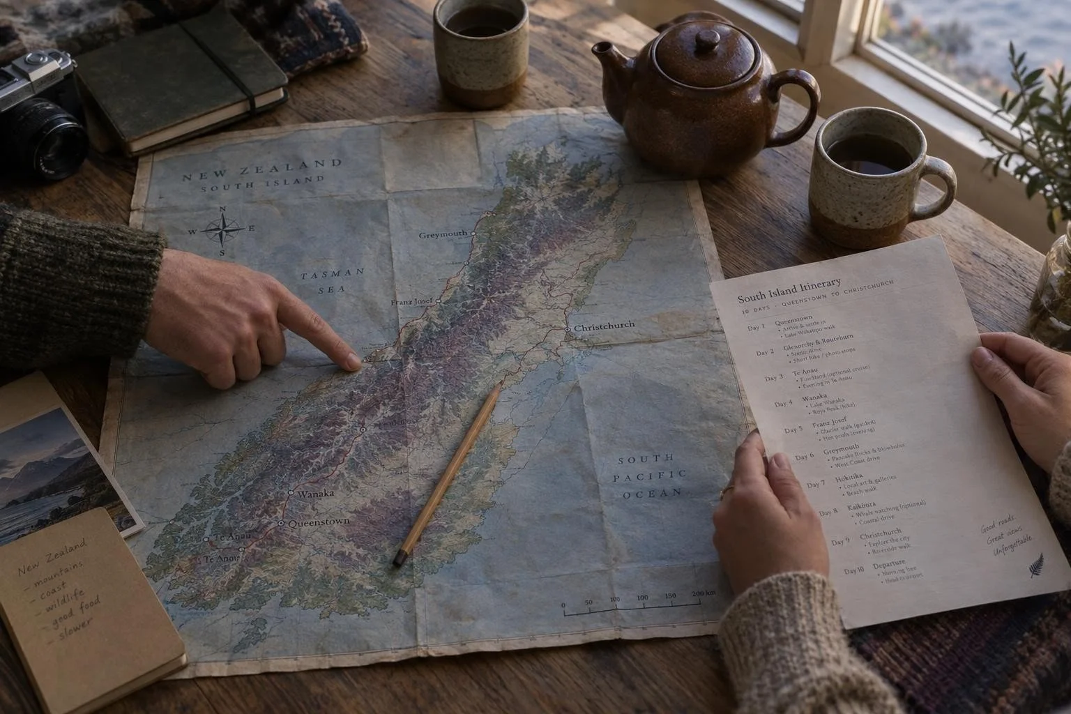 Travelers planning a New Zealand South Island road trip with a map, itinerary, teapot, coffee mugs, camera, and notebook