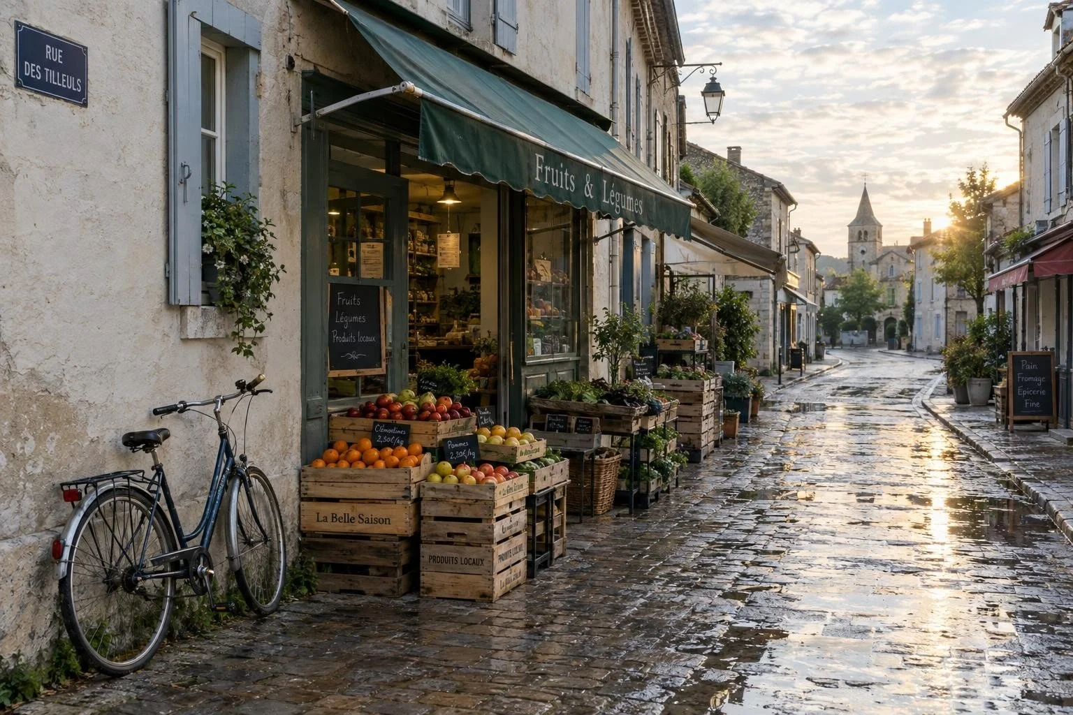 French village fruit and vegetable shop on a wet cobblestone street, with a bicycle, wooden produce crates, and a church in the background