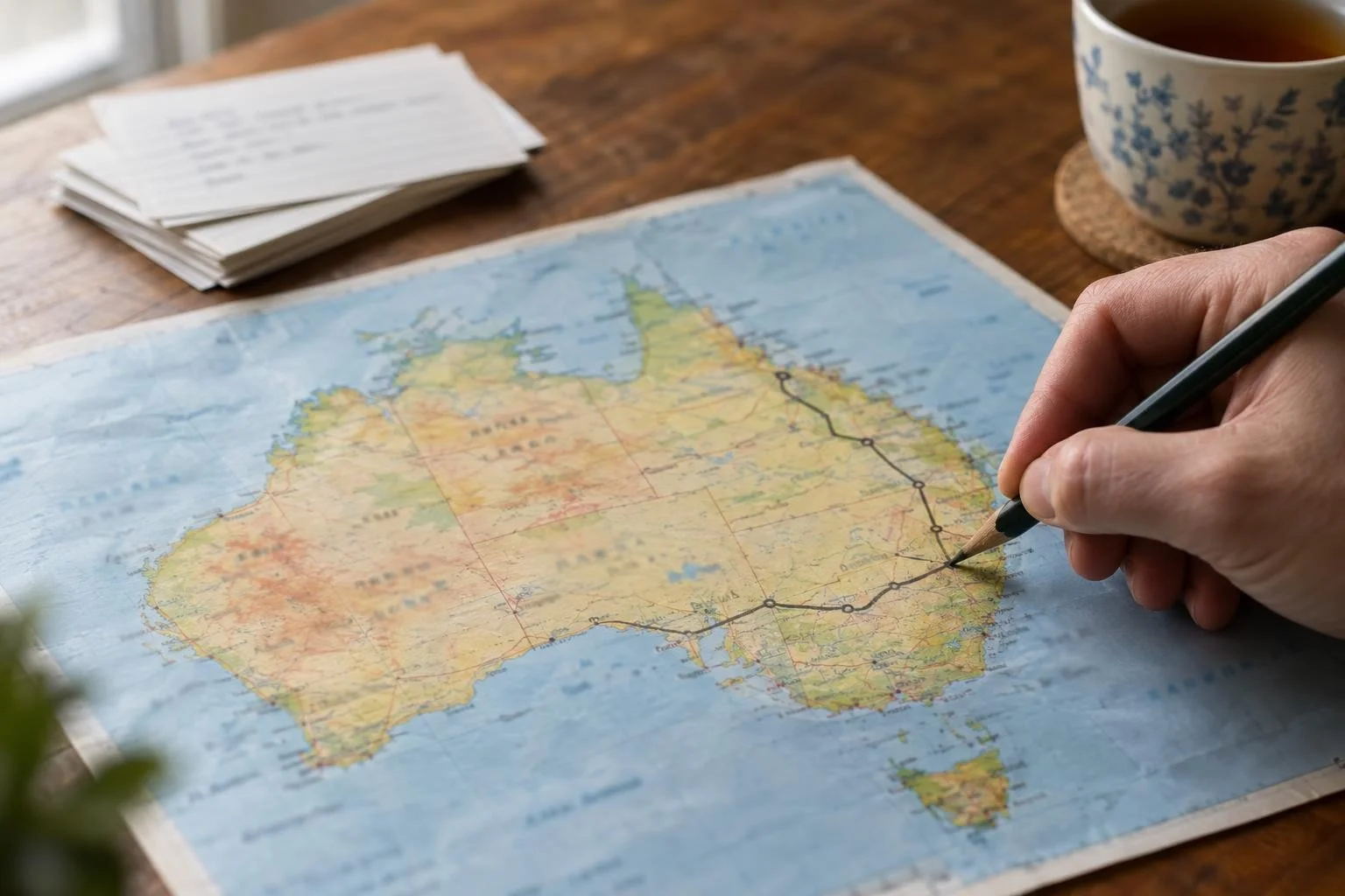 Hand tracing a route across an Australia map with a pencil beside a cup of tea and papers