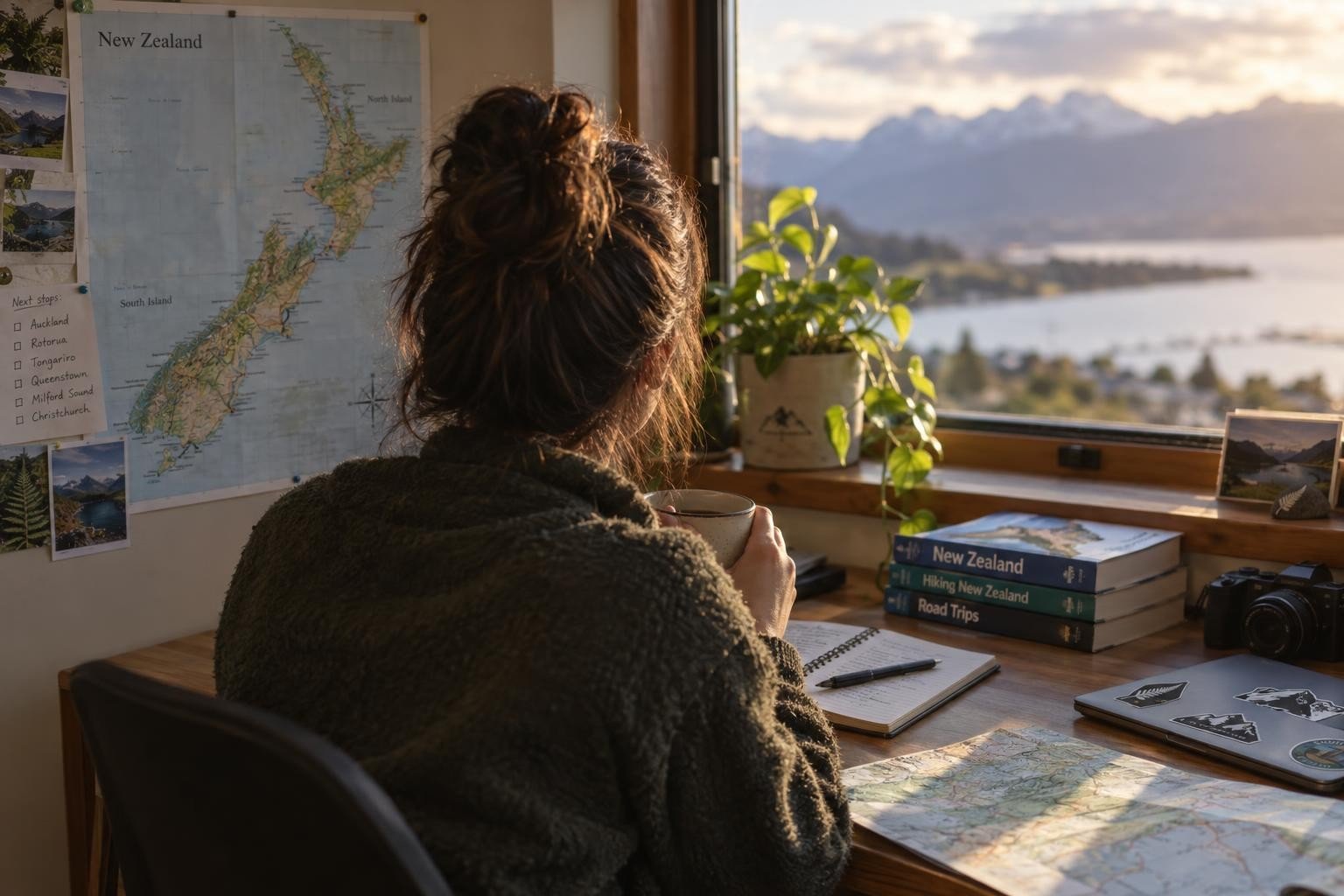 Traveler planning a New Zealand trip at a desk with maps, guidebooks, camera, and mountain lake view