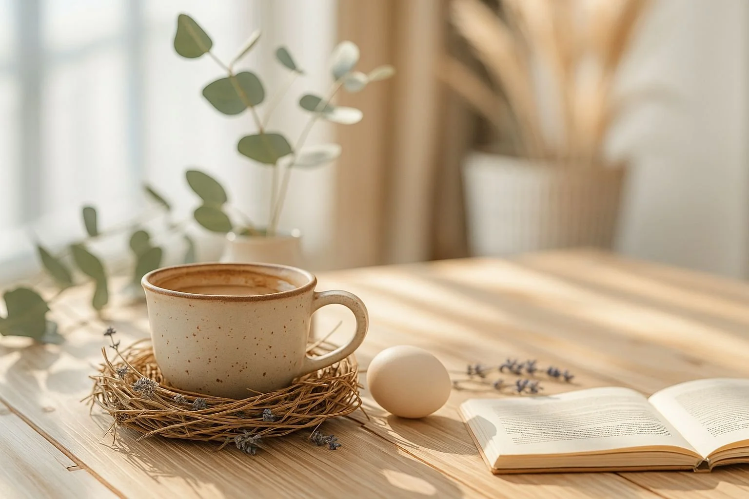 A cup of coffee sat inside a birds nest, an open book, a white egg, and sprigs of eucalyptus on a wooden table, with a background of potted plants and natural sunlight.
