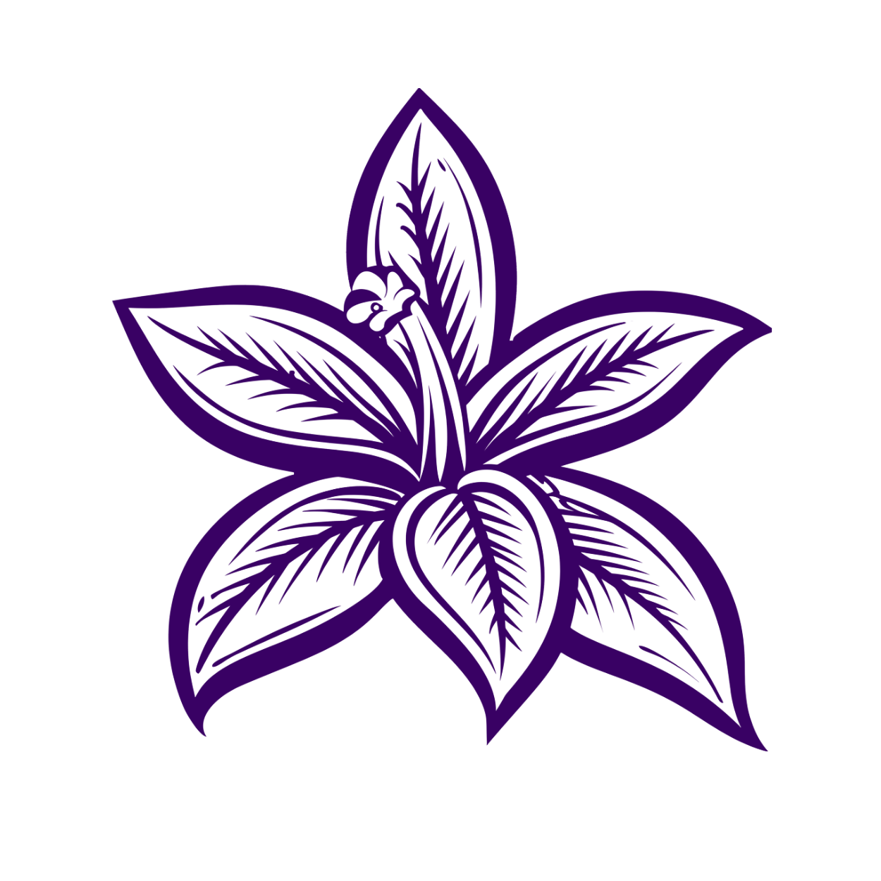 A stylized, purple line drawing of plant leaves with detailed veins and a prominent inner stem.