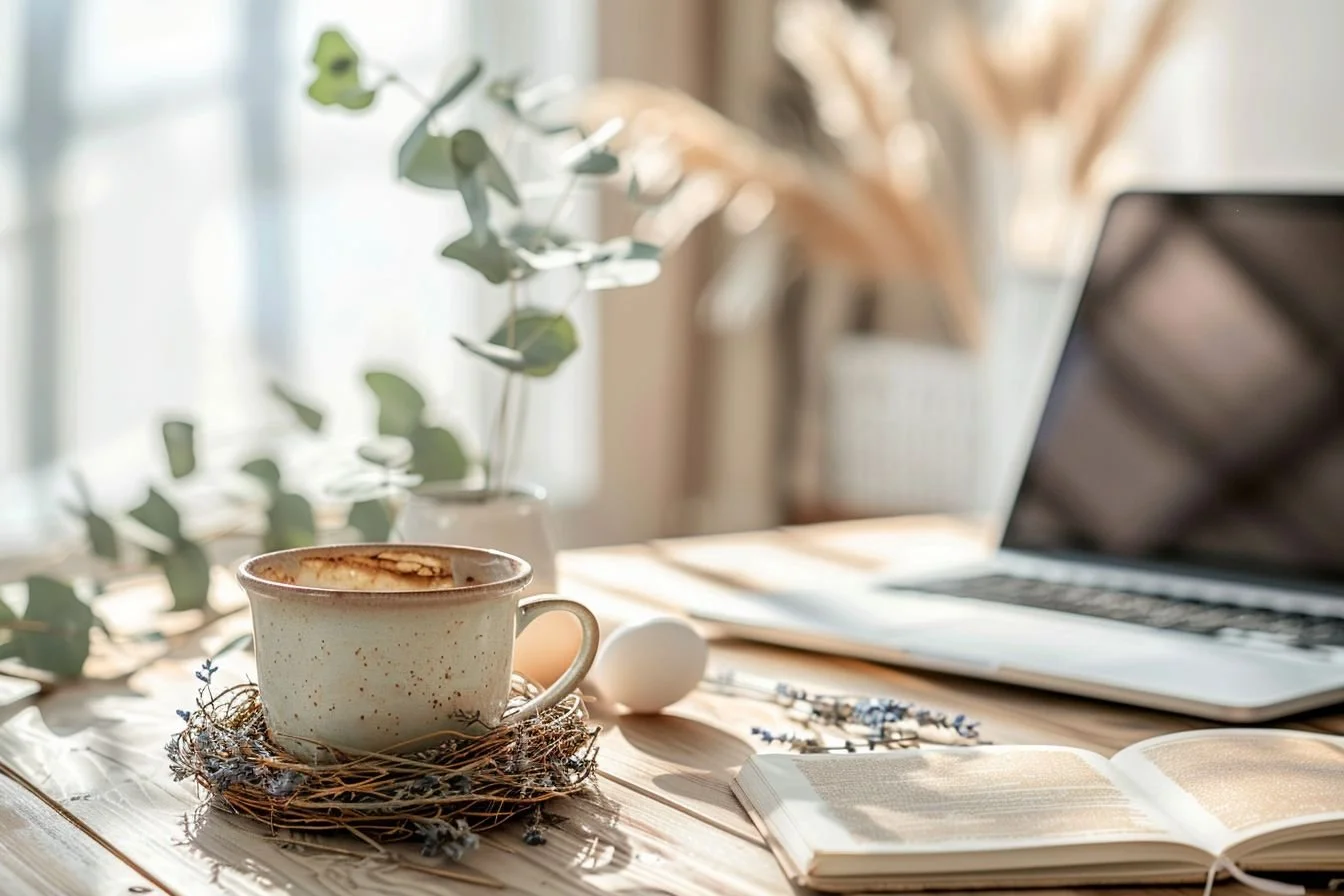 A cozy workspace with a cup of coffee on a sofa, an open book, a laptop, and eggs on a wooden table, with greenery and sunlight streaming in.