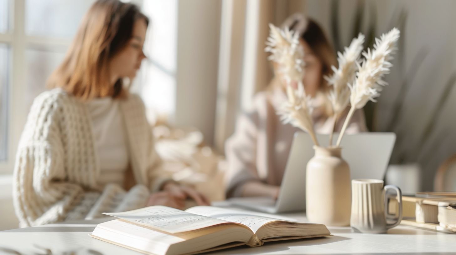 Women sitting in a cozy workspace with laptop, open notebook and coffee, representing website planning and creative direction.