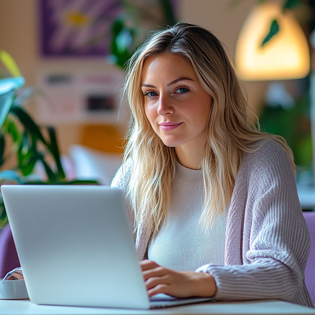 A woman with long blonde hair and a light pink sweater sitting at a table with a laptop. She is smiling and looking at the camera in a cozy, well-lit room.