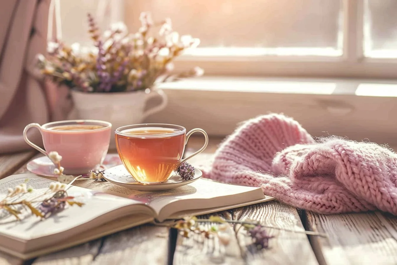 A cozy scene with two cups of tea on a wooden table, an open book, a pink knitted scarve, and a vase of purple and white flowers in the background, illuminated by natural sunlight from a nearby window.