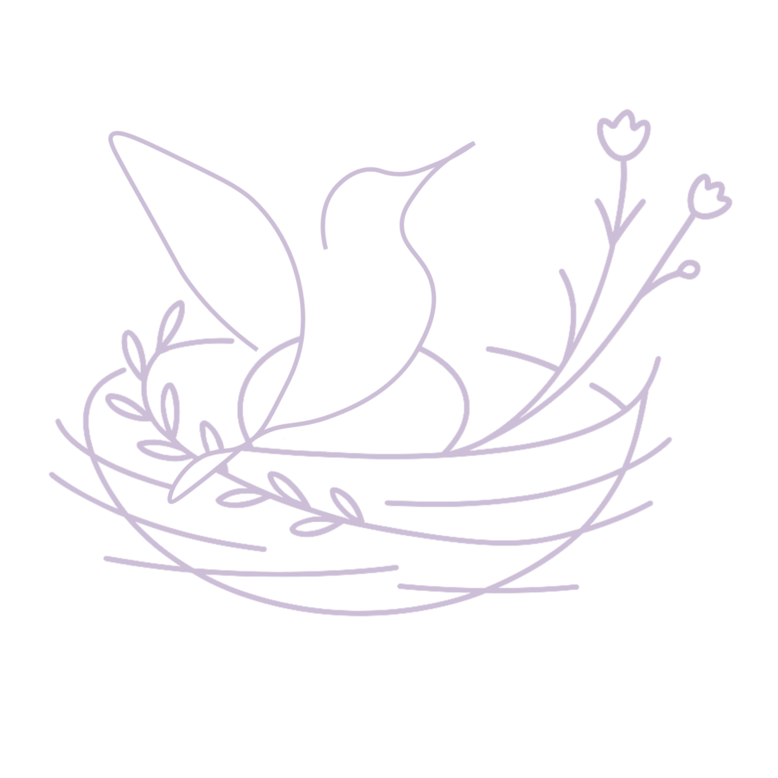 A minimalist line drawing of a hummingbird facing right, perched on a nest with flowers, leaves, and branches, all in light purple on a transparent background.