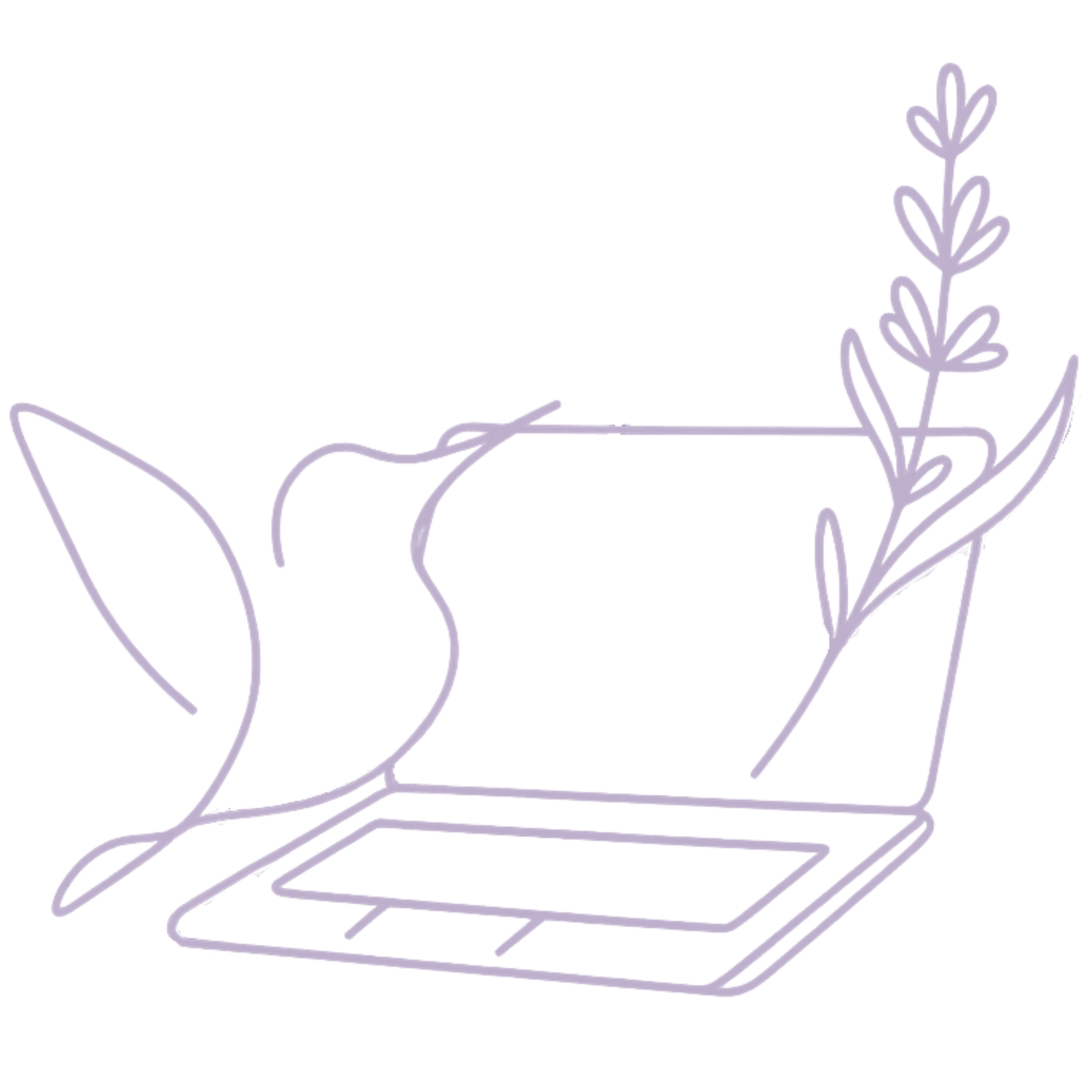 Outline of a computer with a hummingbird and a lavender sprig, drawn in a minimalist style.