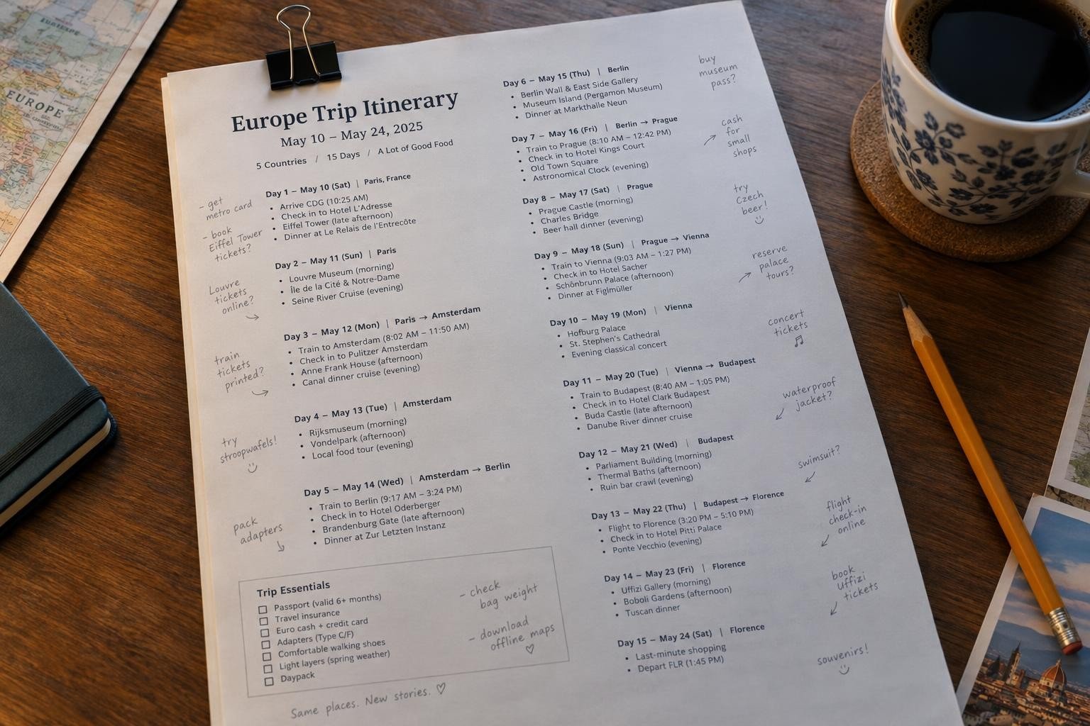 Europe trip itinerary for a 15-day journey through Paris, Amsterdam, Berlin, Prague, Vienna, Budapest, and Florence, with a coffee cup, map, pencil, and travel notes on a wooden table.