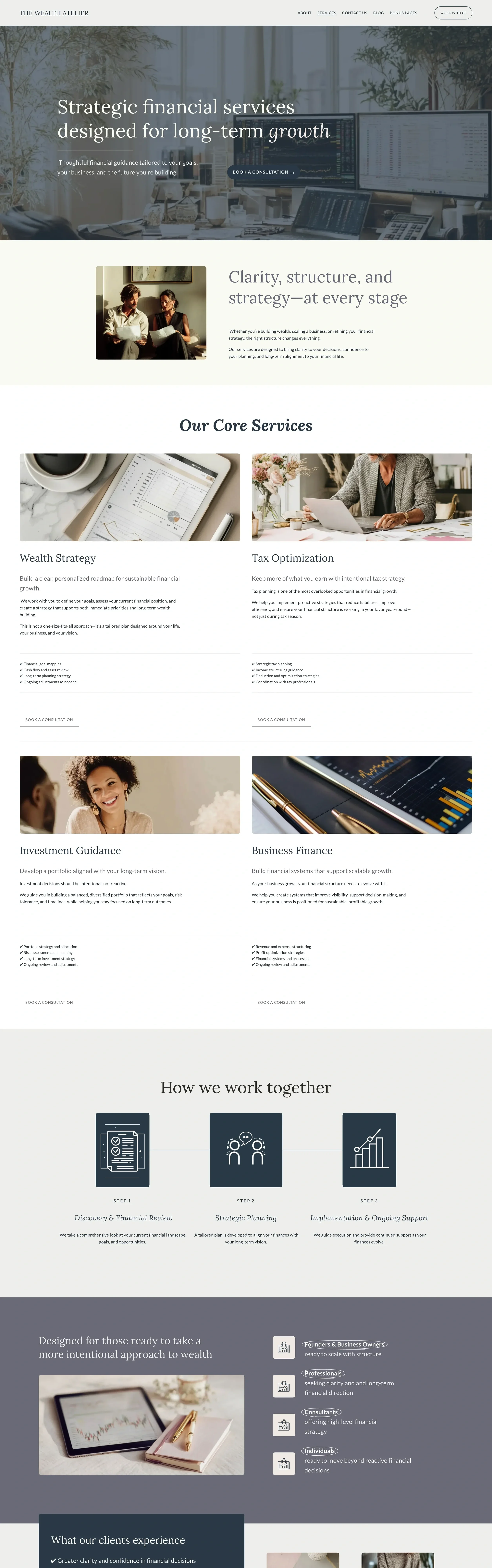 Screenshot of a financial services website homepage with headings like 'Strategic financial services designed for long-term growth' and sections for core services including Wealth Strategy, Tax Optimization, Investment Guidance, and Business Finance, featuring images of professionals, charts, and office scenes.