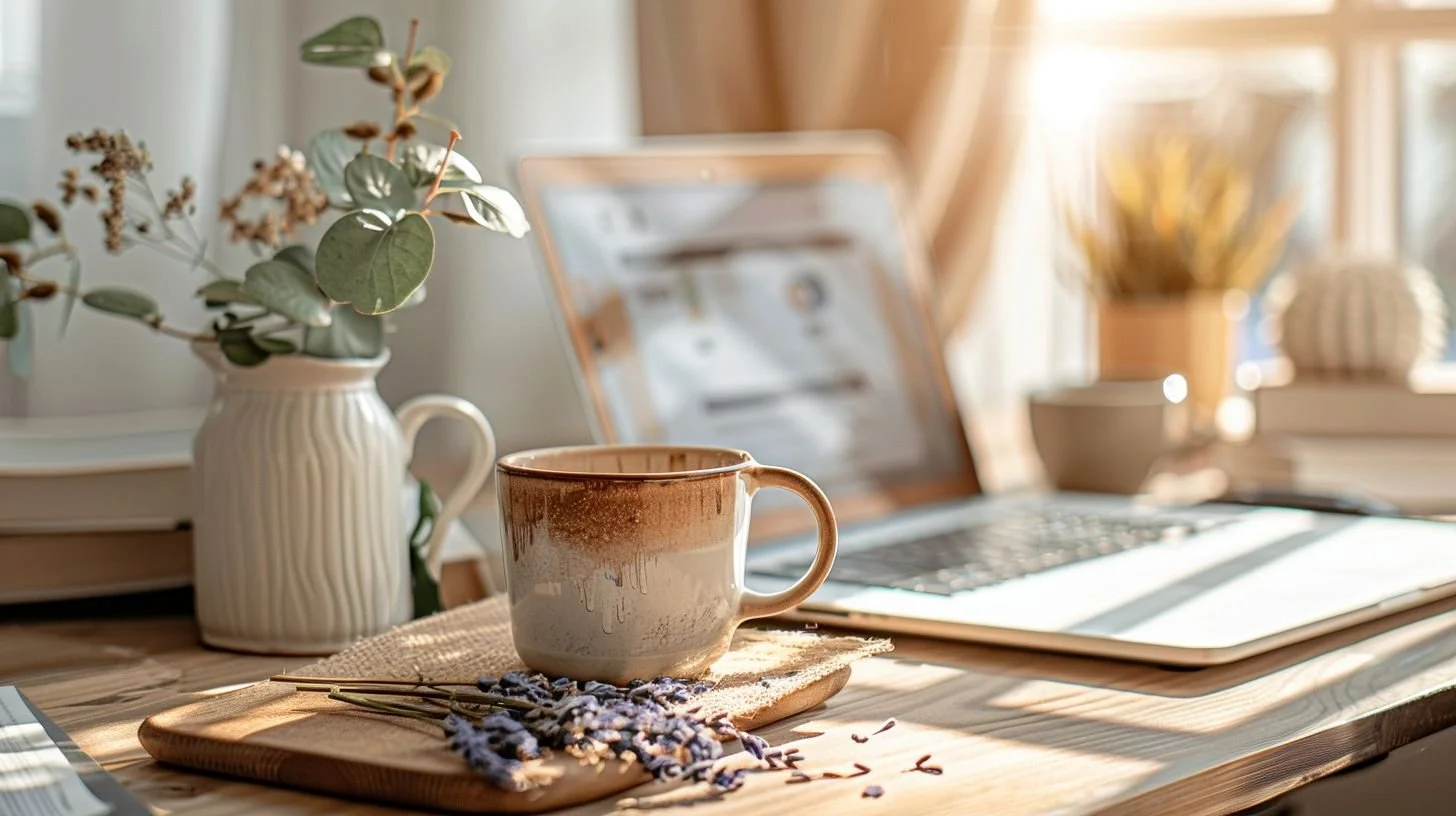 A cozy workspace with a laptop, ceramic mug on a cutting board, dried lavender, potted plant, and a book, illuminated by natural light.