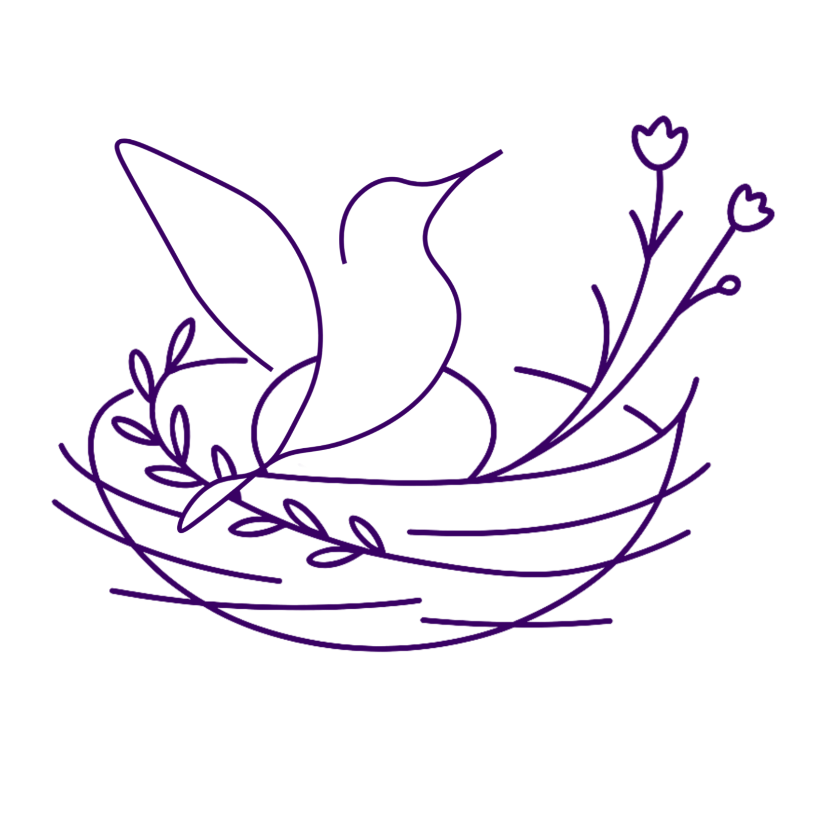 Simple line drawing of a nest with a hummingbird, surrounded by flowers and leaves, in purple outline.