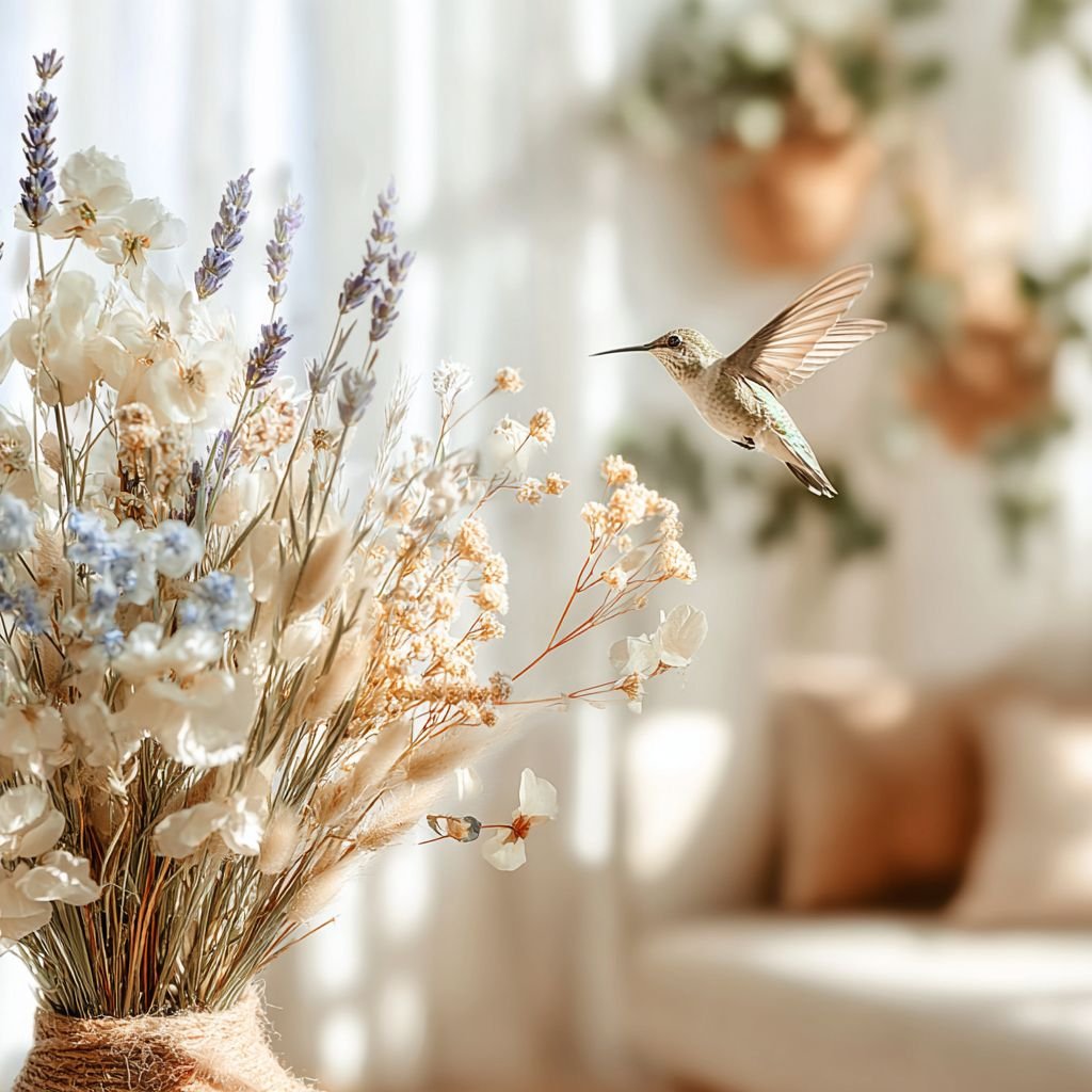 A hummingbird flying near a bouquet of dried flowers in a sunlit room.