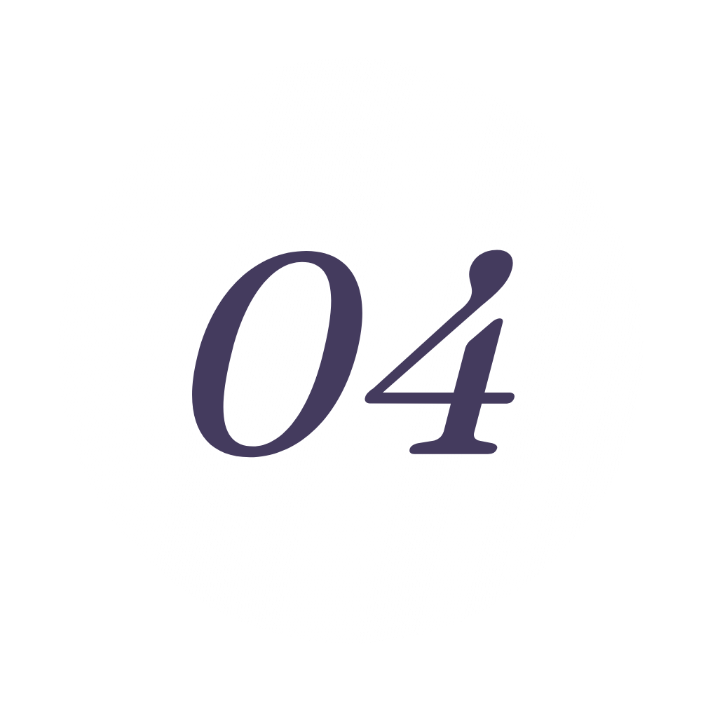 White speech bubble with the number 04 in purple