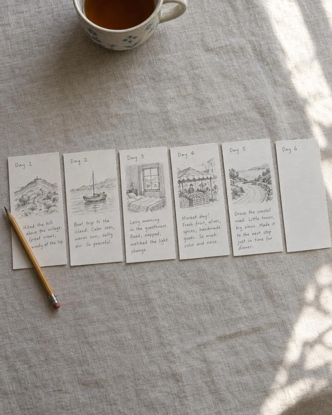 Hand-drawn travel itinerary cards labeled Days 1–6 on a linen table, with a pencil and tea cup; illustrated activities include hiking, sailing, a guesthouse, market visit, and coastal drive.