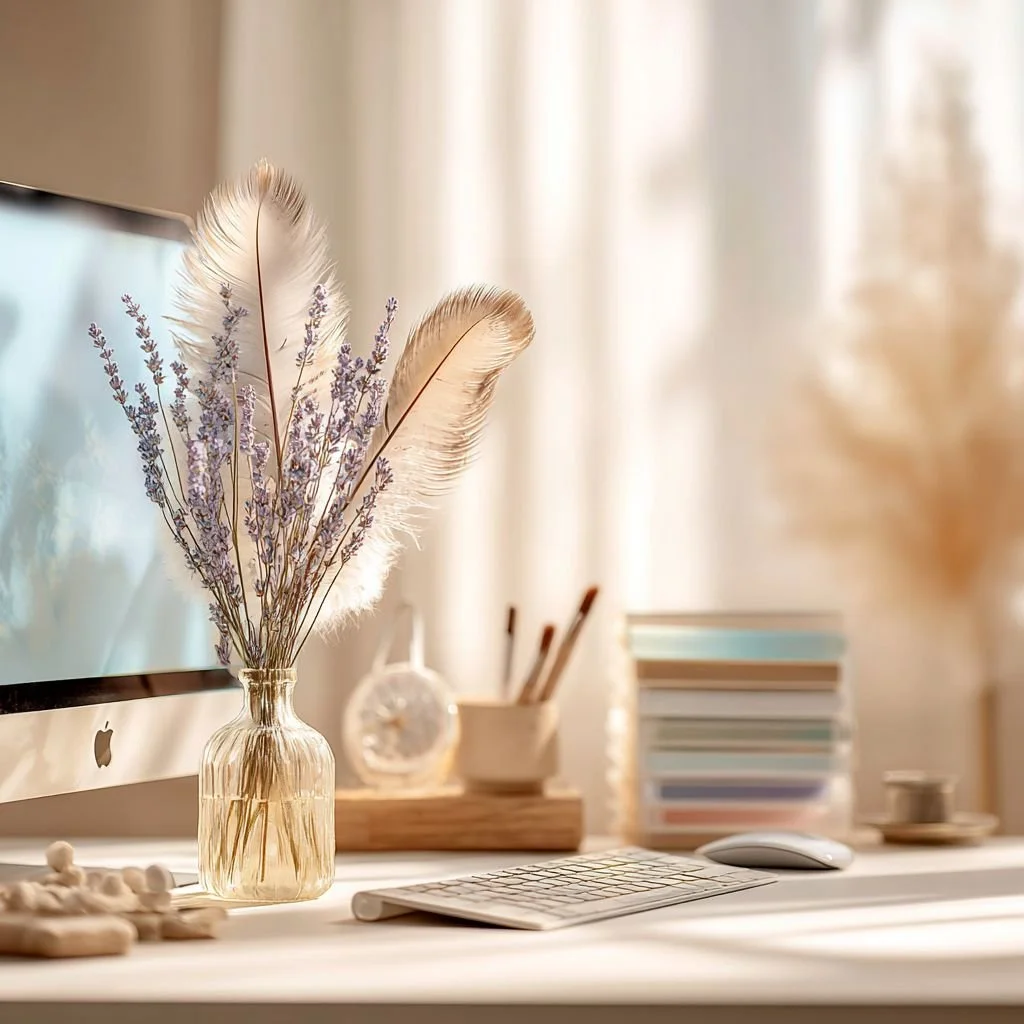 A desk with a computer monitor, a glass vase containing feathers and purple flowers, a white cup with pens, a stack of colorful books, and a keyboard and mouse in a bright, sunlit room.