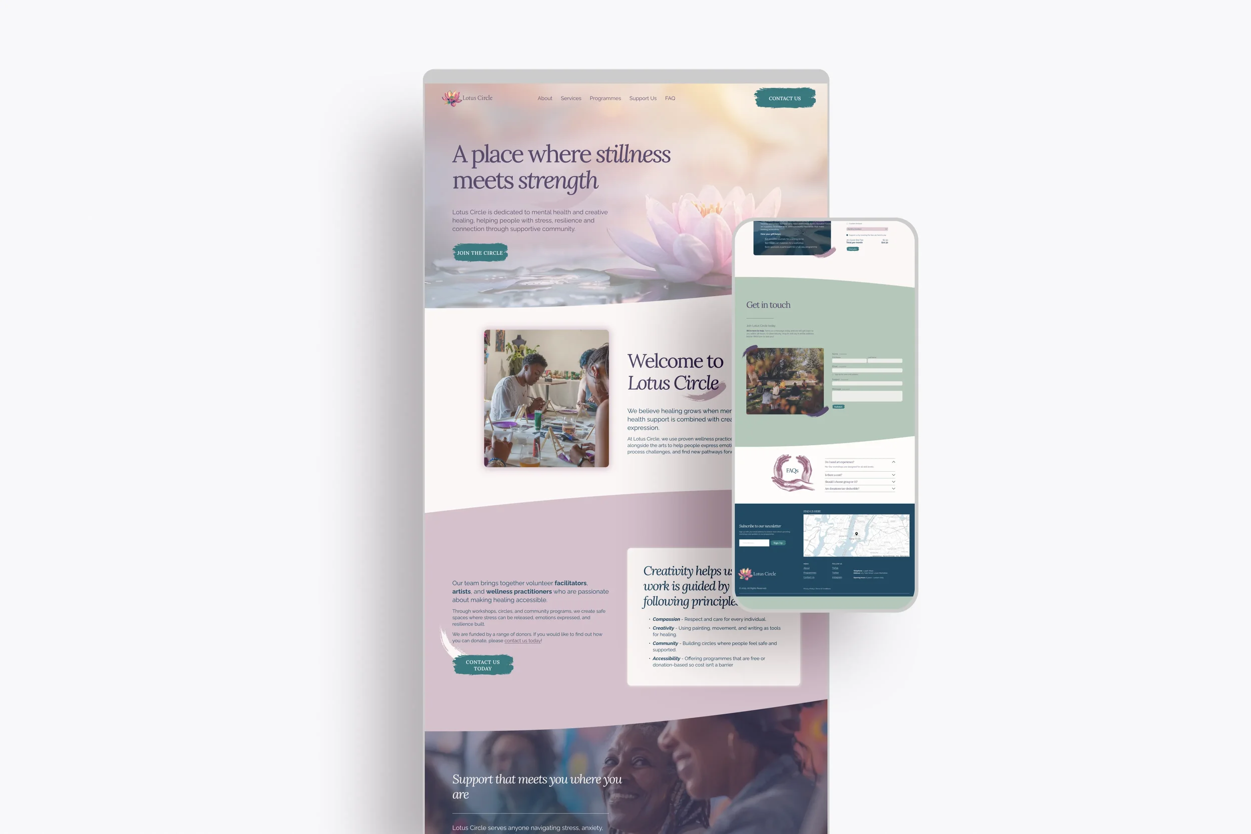 A website displayed on a desktop and a mobile phone screen, with calming lotus and water imagery, text about wellness and healing, contact form, and navigation menu.