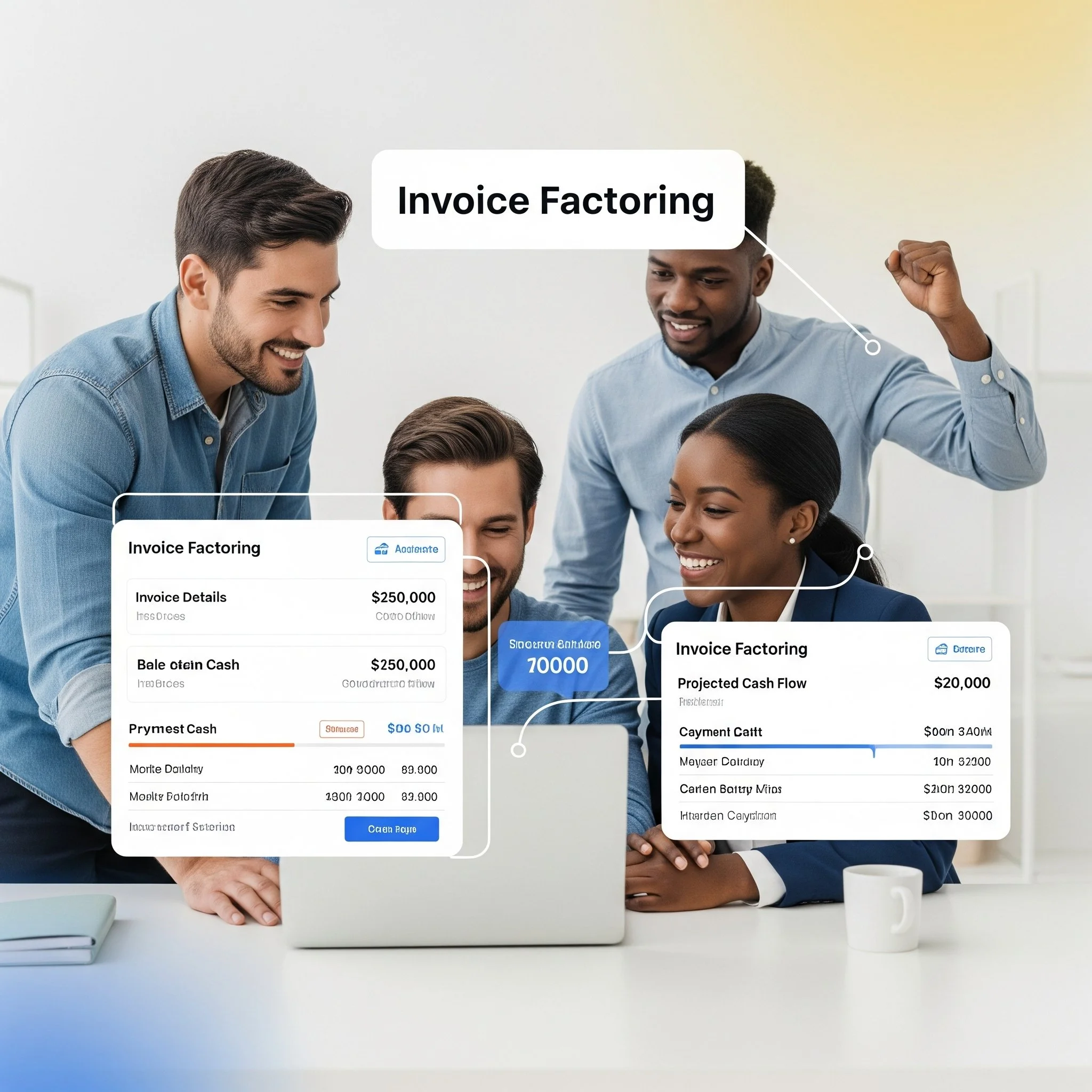 A group of four professionals smiling and working together on a laptop in an office, with overlaid digital graphics depicting invoice data and the label 'Invoice Factoring'.