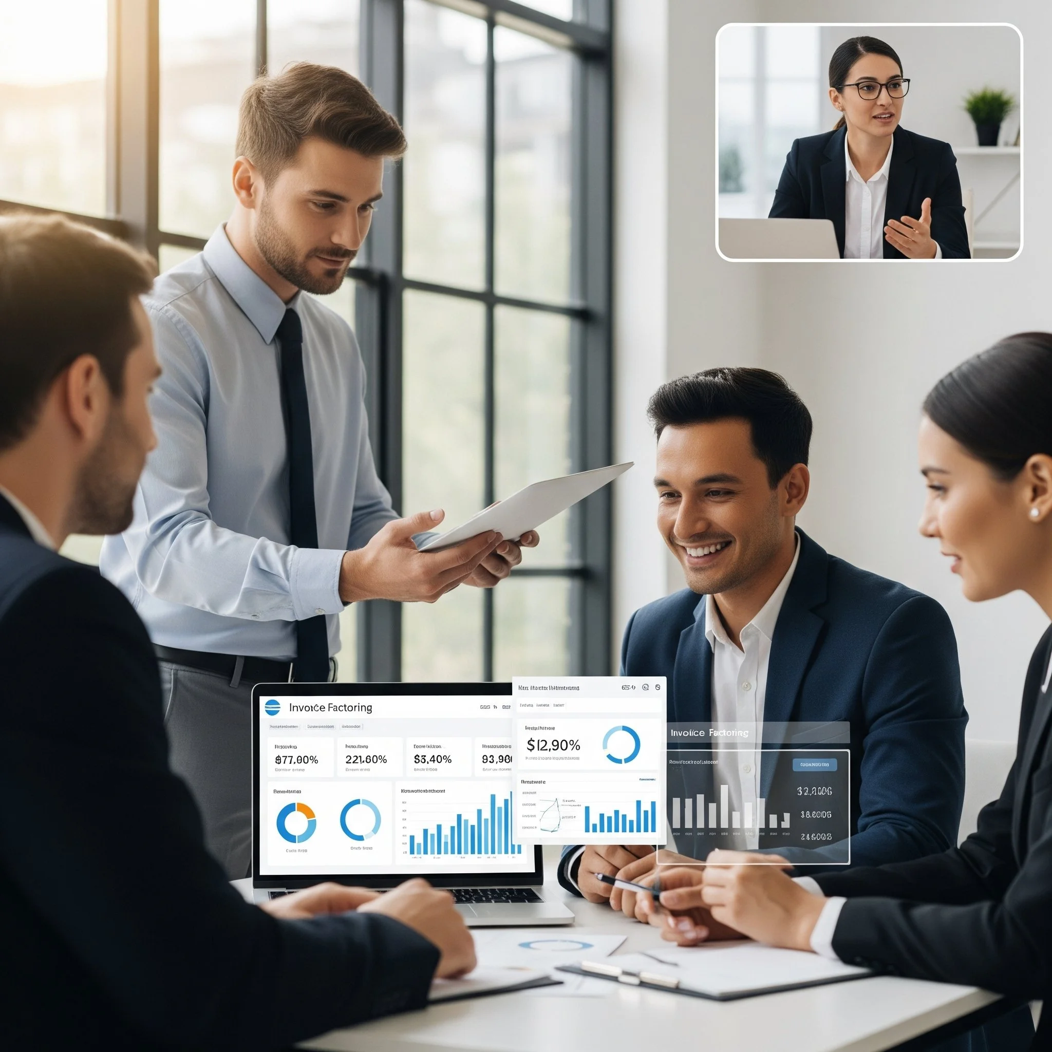 Business meeting with four professionals discussing data and financial graphs, with a video call of a woman giving a presentation on a screen.