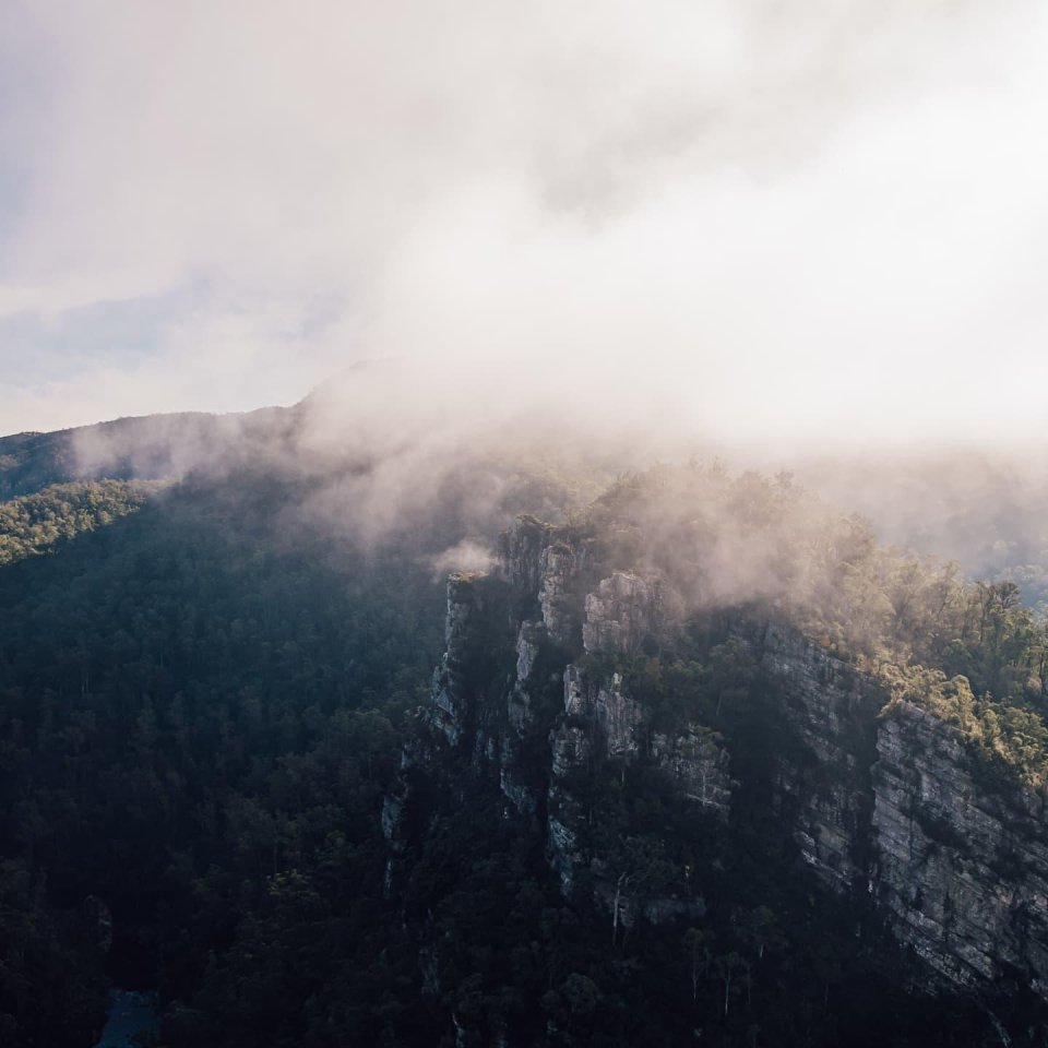 Clouds hovering over a mountain ridge with dense forest below.