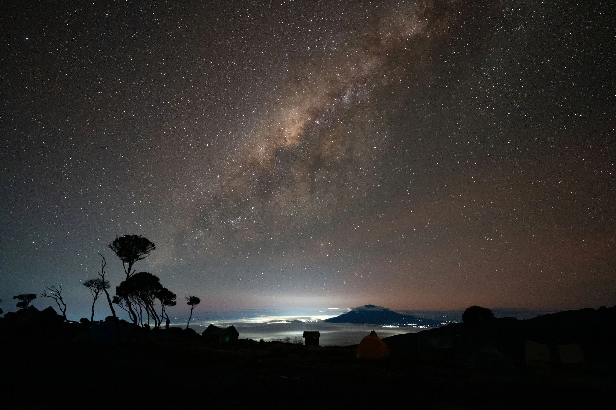 Night sky filled with stars and the Milky Way galaxy above a landscape with trees, tents, and a mountain in the background.