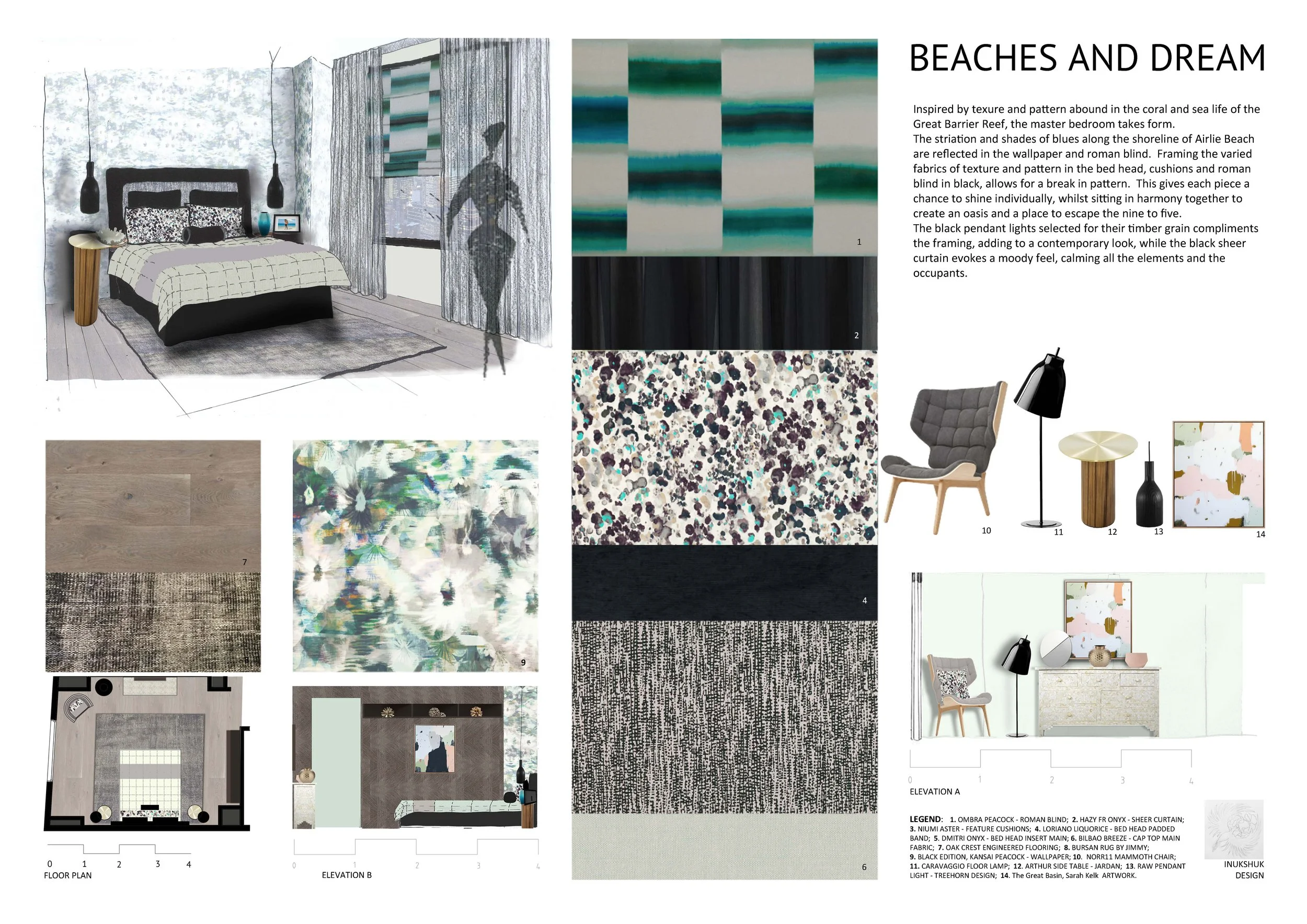 Virginia Polendakis RMIT Bedroom Design Award winning mood and materials board, selected by BQ Design and Marco Fabrics, 2016.