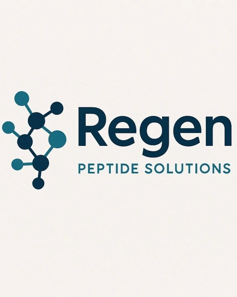 Logo for Regen Peptide Solutions featuring a molecular structure graphic and company name in blue text.