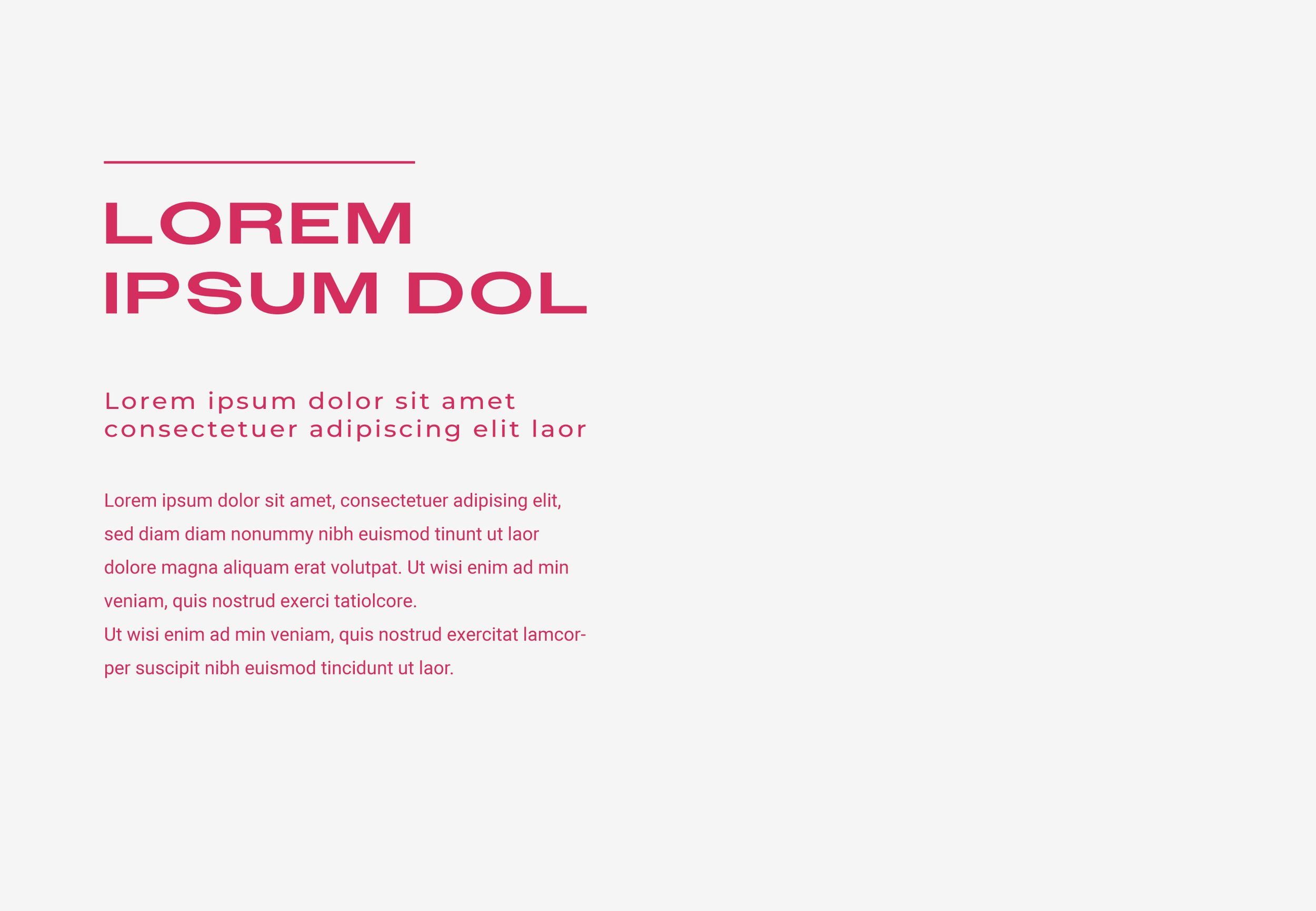 A website layout with placeholder text, large pink headers, smaller pink paragraphs, and a light gray background.