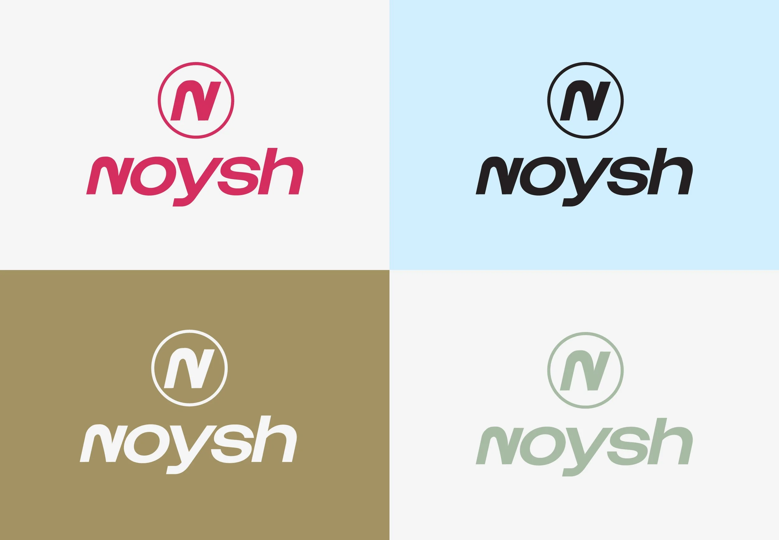 The image contains four versions of a logo with the text 'noysh' and a circular icon with an 'N' inside, each in different colors and backgrounds: pink on white, black on light blue, white on tan, and light green on white.