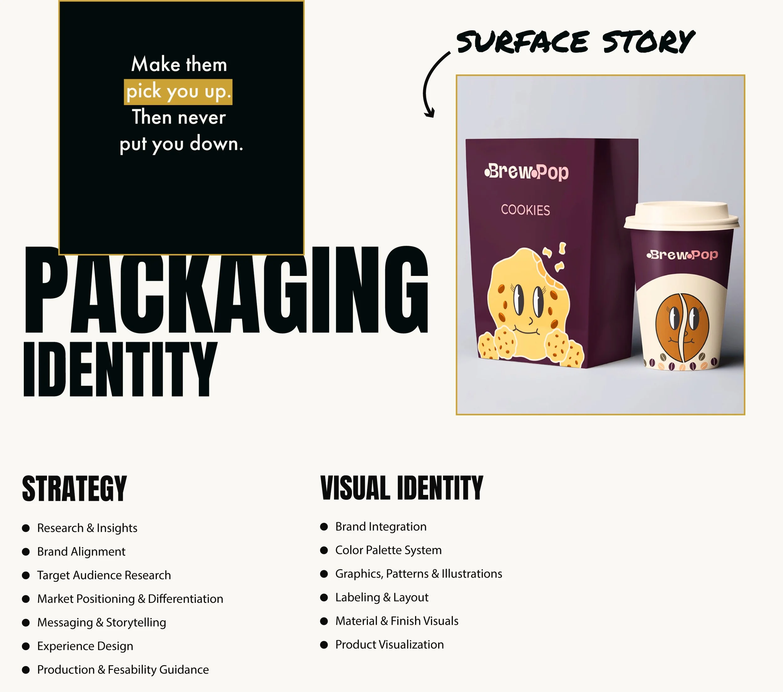Presentation slide on packaging identity and packaging strategy (including materials, print-ready files, unboxing experience).