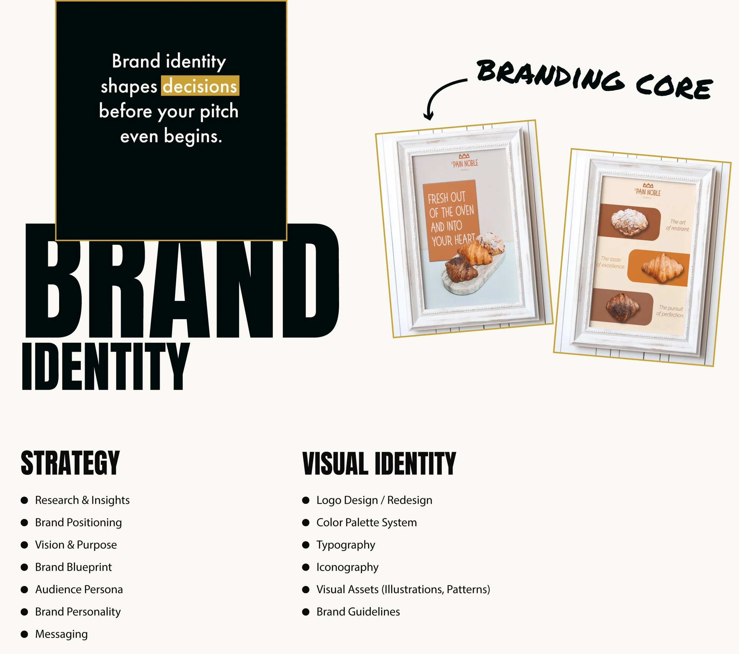 A presentation slide about brand identity with sections on strategy and visual identity, featuring images of framed branding examples of baked goods.