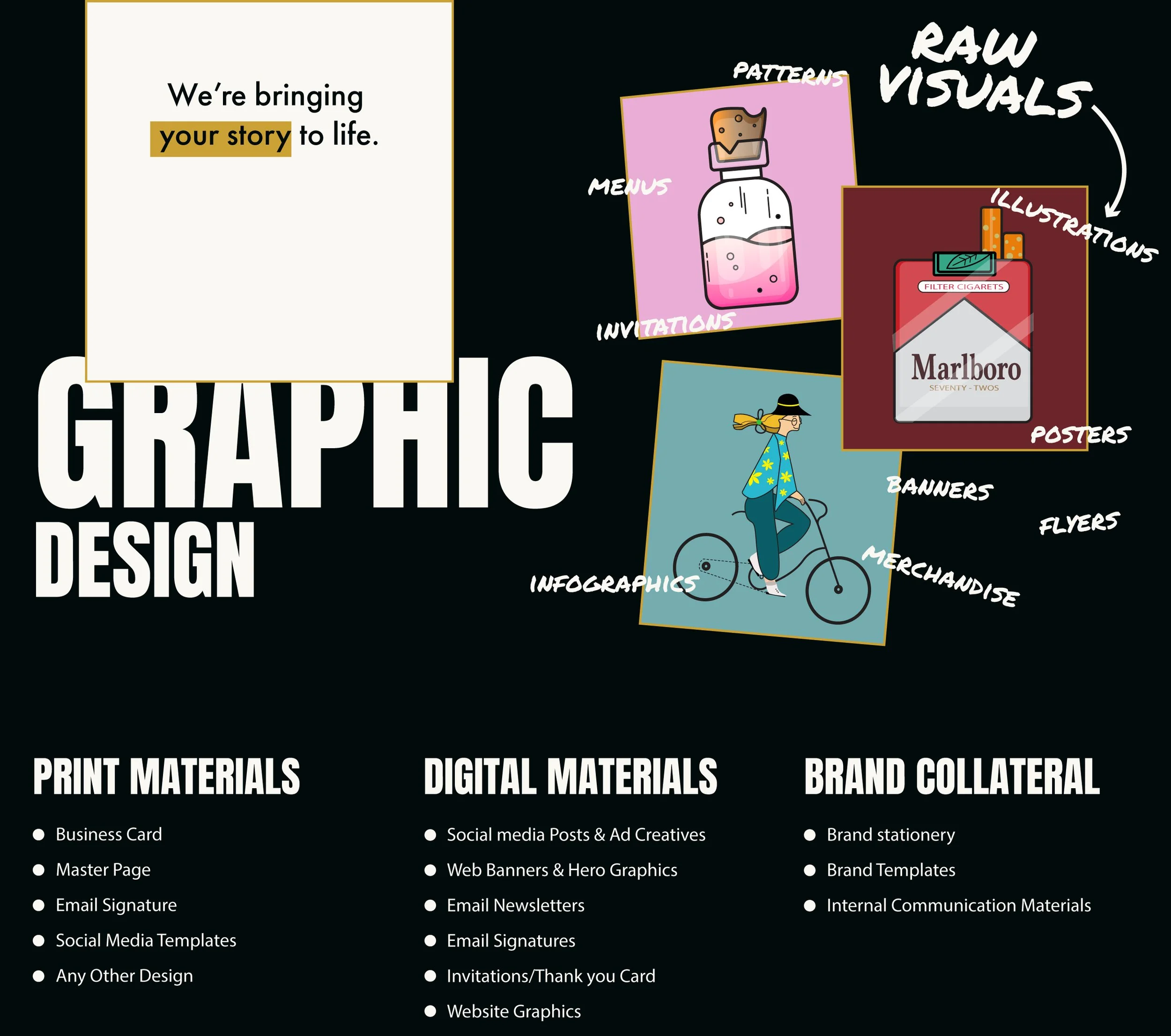 A graphic design poster showcasing different elements of visual branding, such as illustrations, posters, banners, flyers, and merchandise, with a list of print and digital materials, and brand collateral options. The background is black, with colorful illustrated examples and white text.