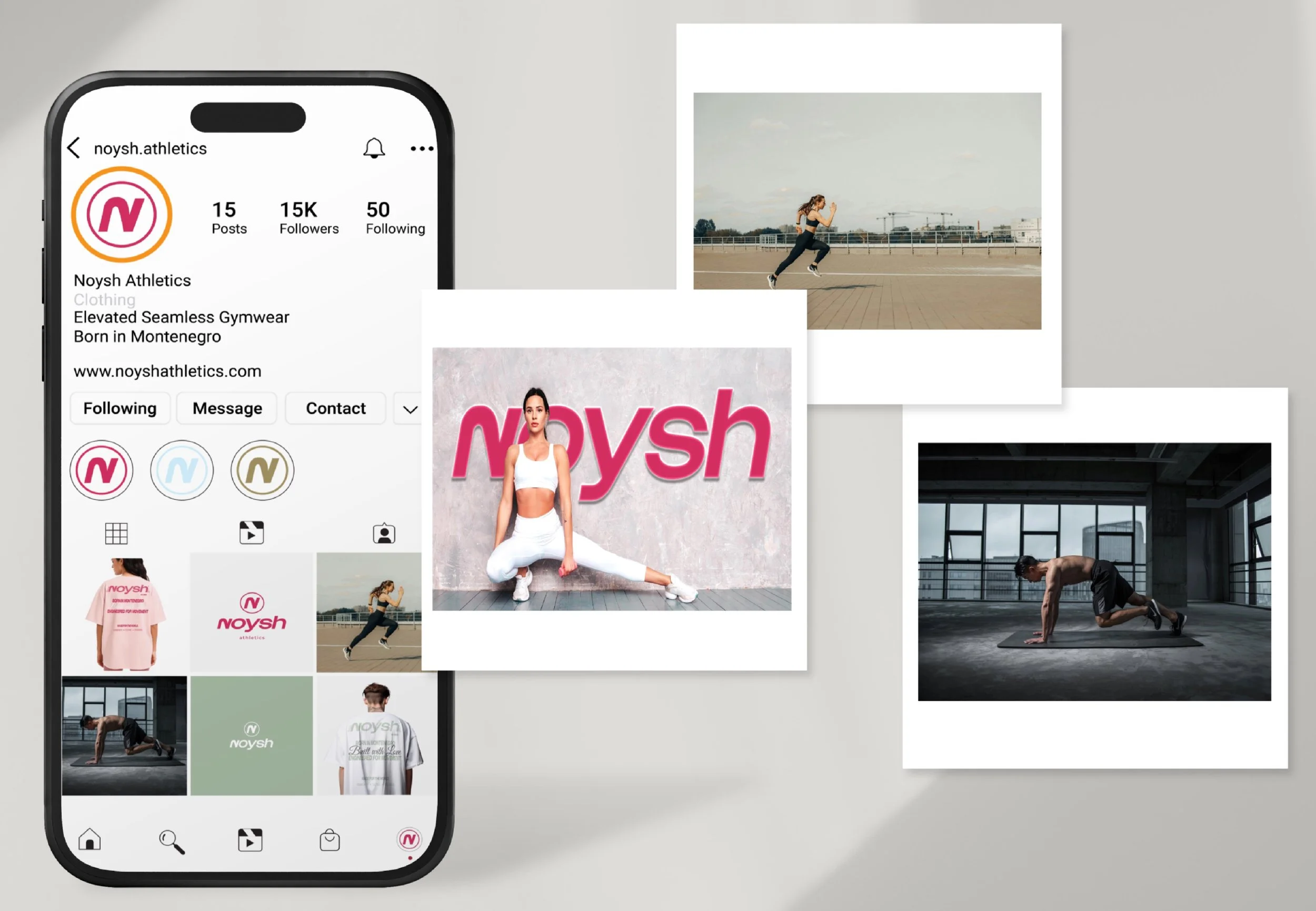 Social media profile and photos of Noysh Athletics, featuring athletic clothing, a woman running outdoors, a woman stretching indoors, and a man doing a push-up in a gym.