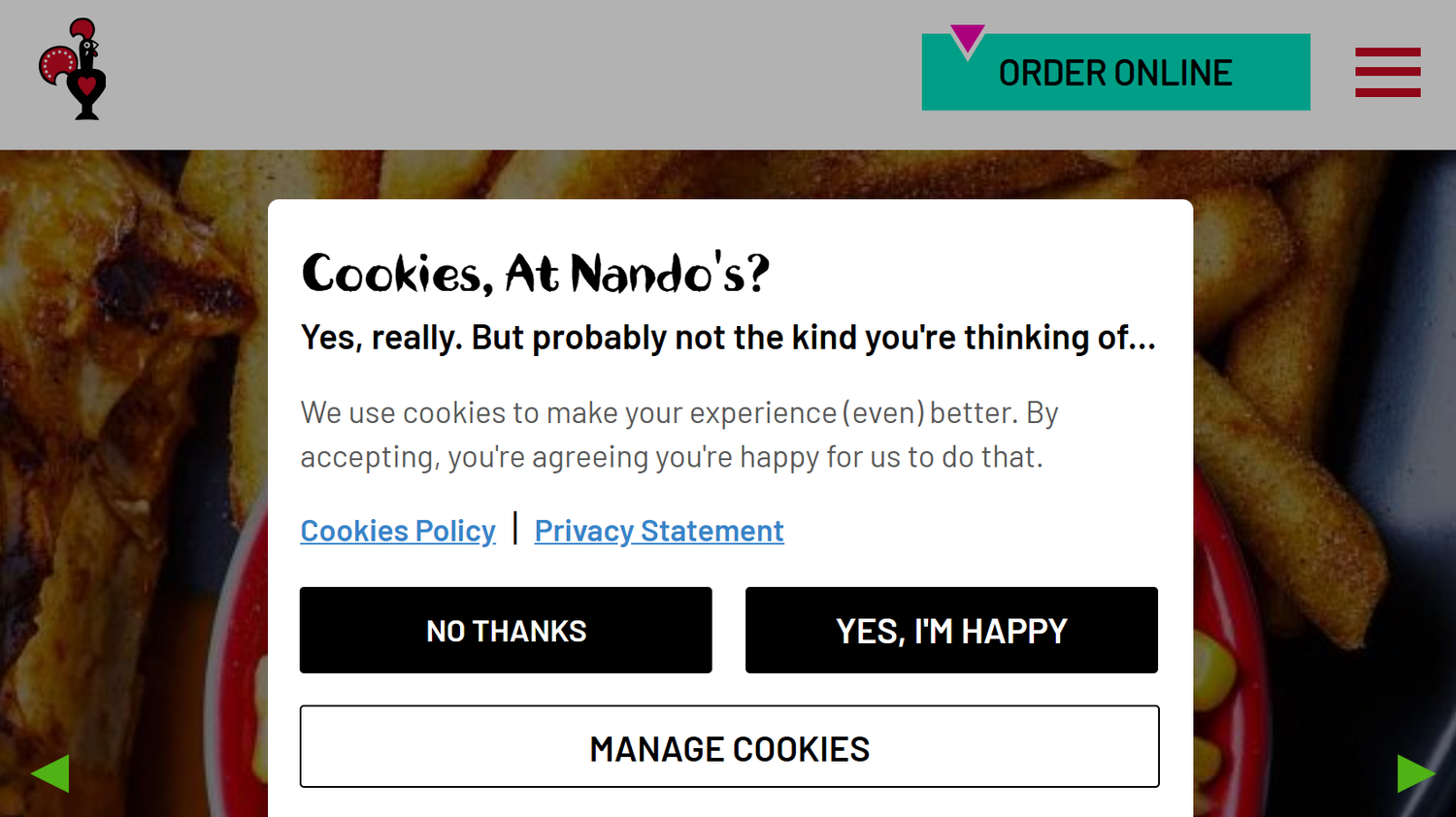 Nando's - Cookie banner example