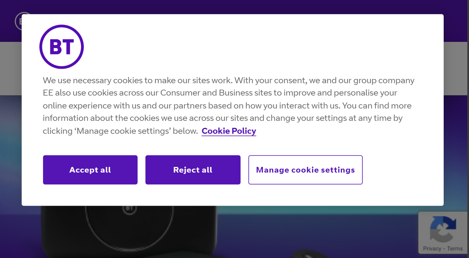 BT - Cookie banner example