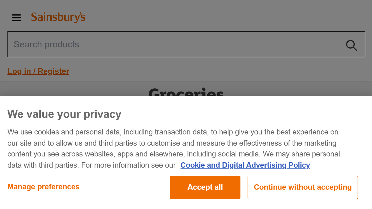 Sainsbury's - Cookie banner example