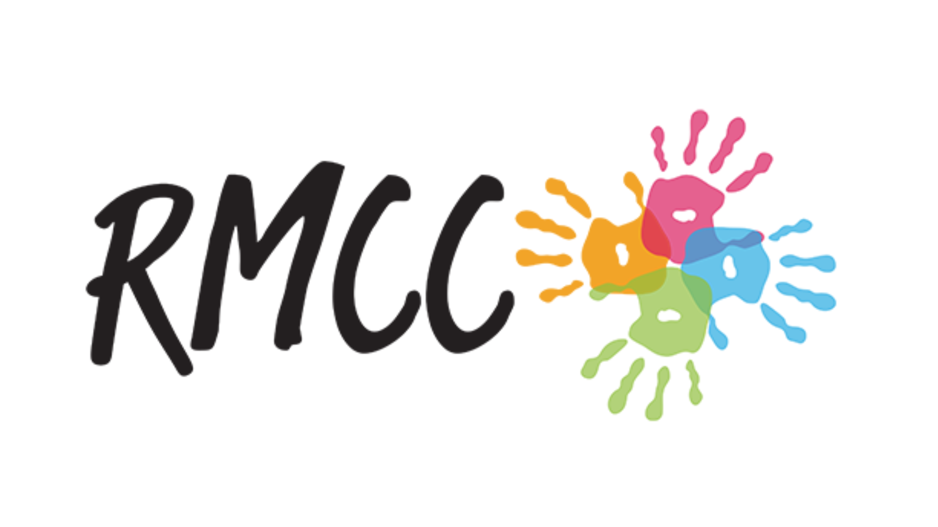 Logo for 'RMCC' written in black script font, with colorful, hand shapes in pink, orange, blue, and green emanating from the right side.