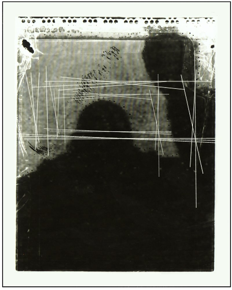 Black and white abstract art with silhouettes of two people, scribbles, and lines.