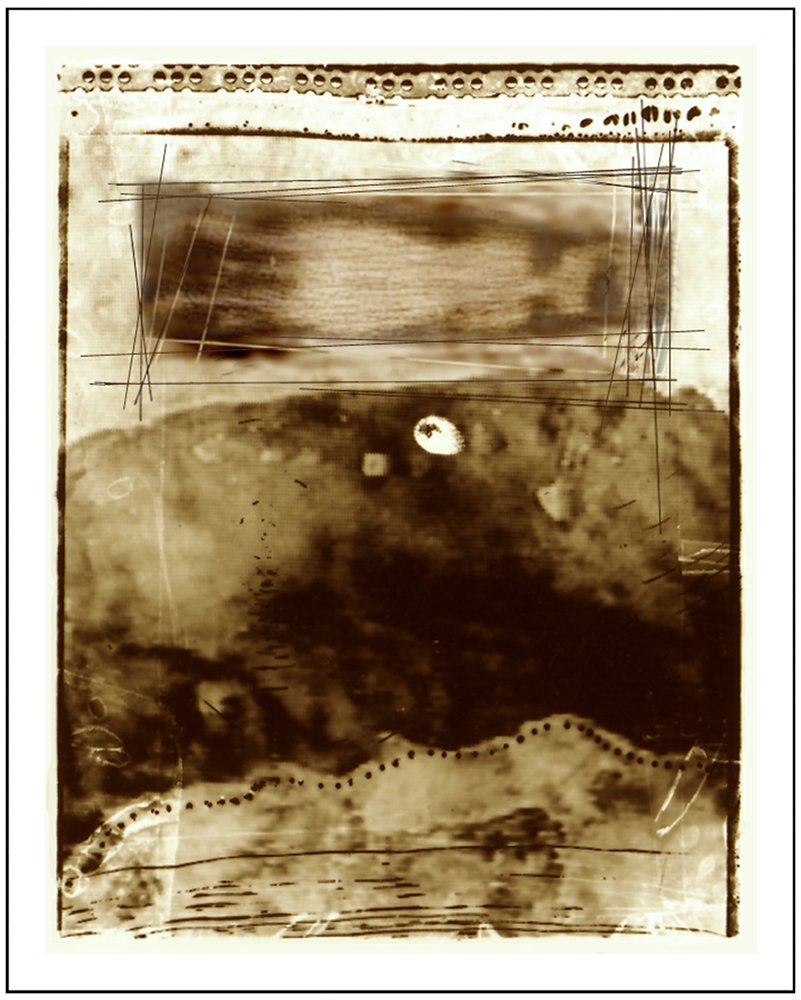 An abstract, sepia-toned drawing with various lines, scribbles, and shapes, resembling a surreal landscape or composition.