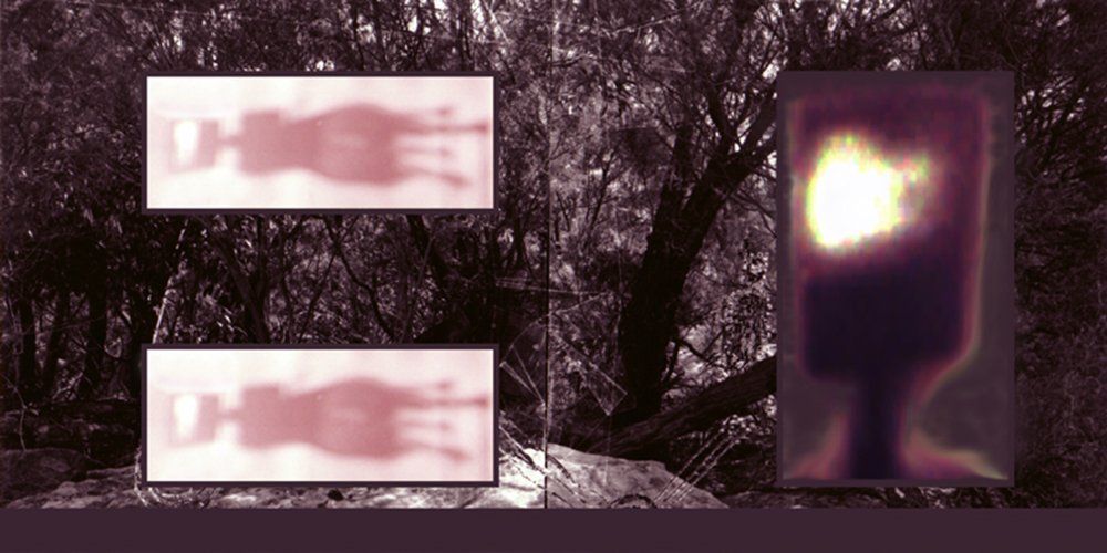 An outdoor scene with trees and rocks in the background. There are two blurred images on the left side, and a larger distorted image of a wine glass on the right side.