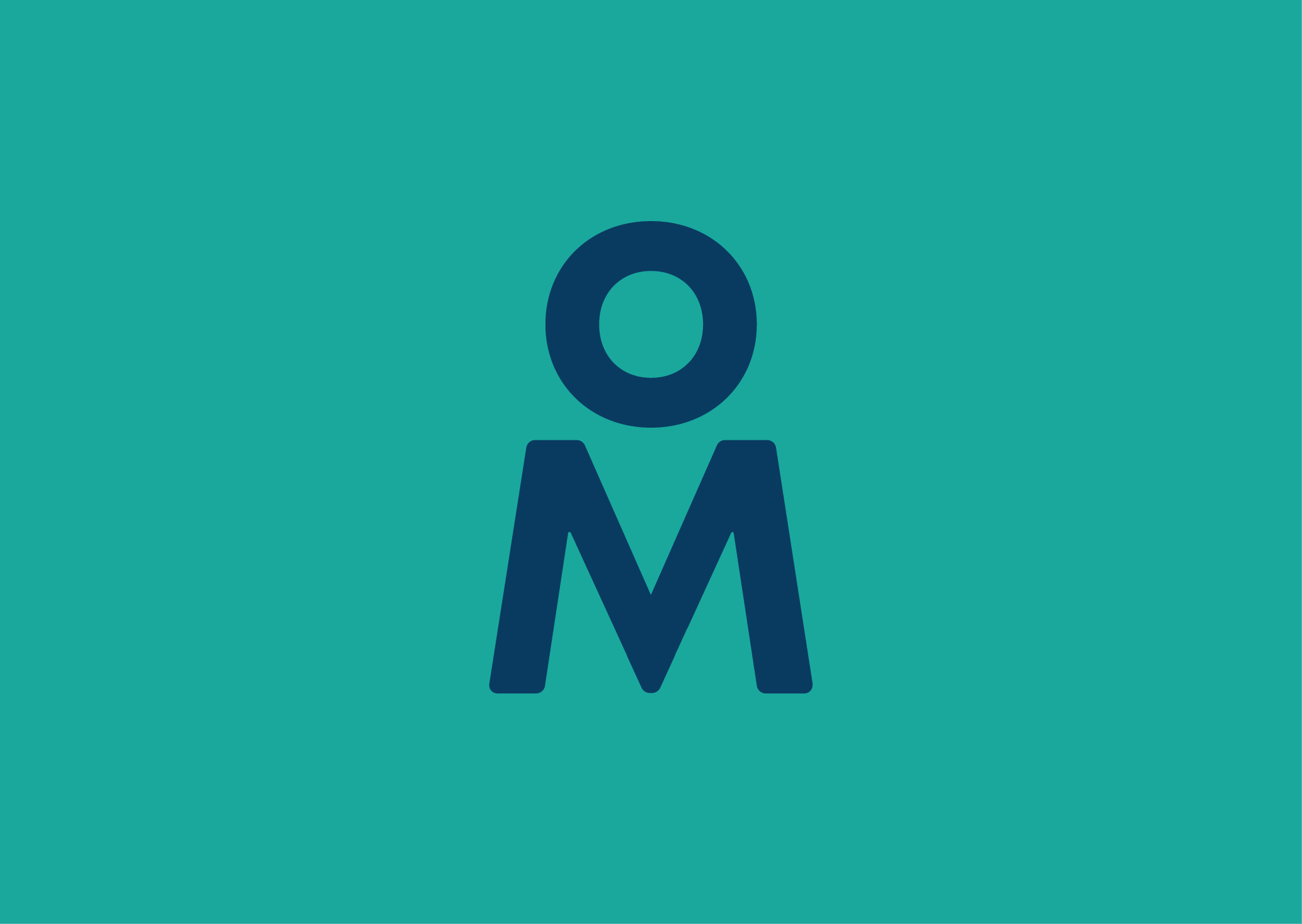 Logo with a stylized letter 'O' above a letter 'M' on a teal background.