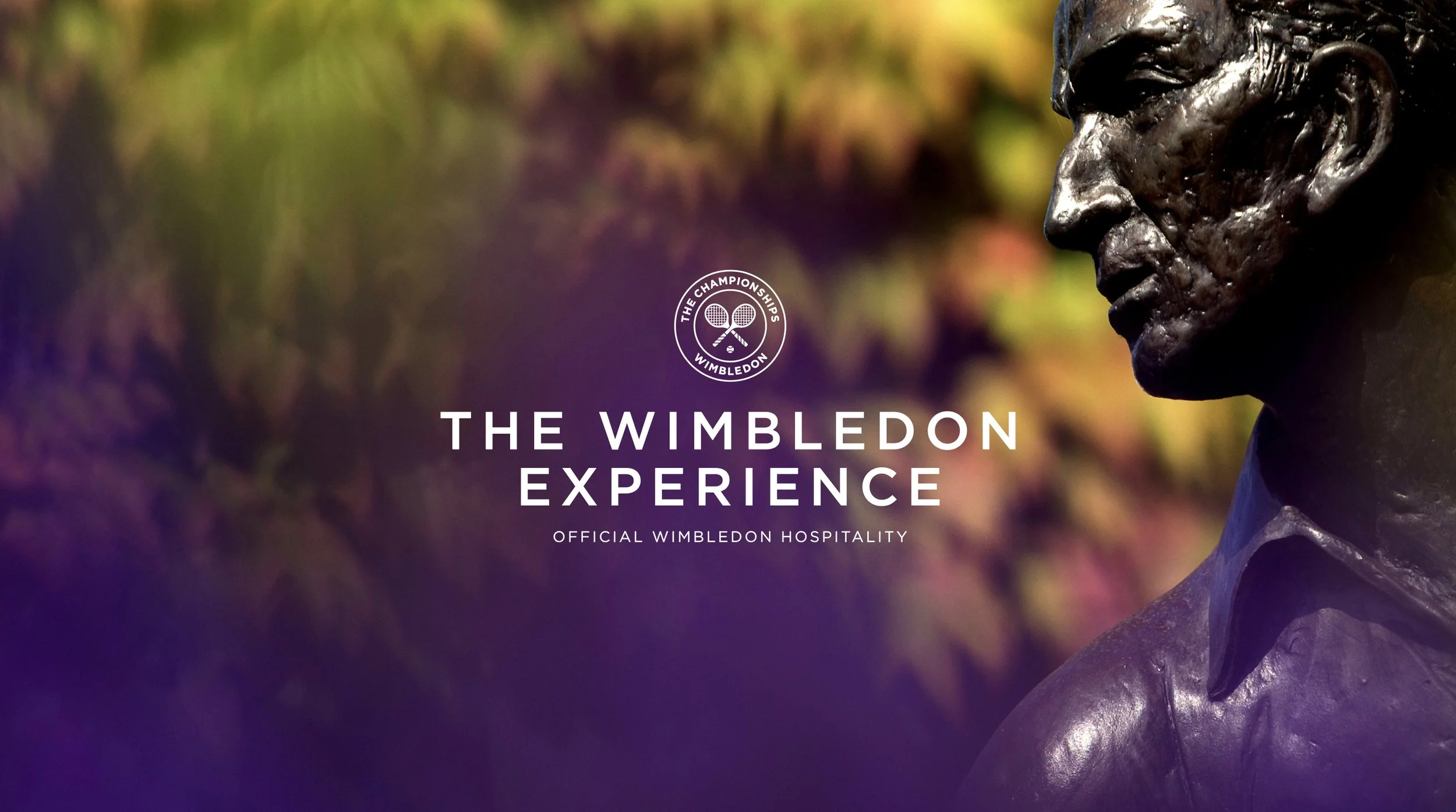 Bronze bust of a man with glasses and a collared shirt, set against a blurred colorful background, with text promoting the Wimbledon Experience and official Wimbledon hospitality.
